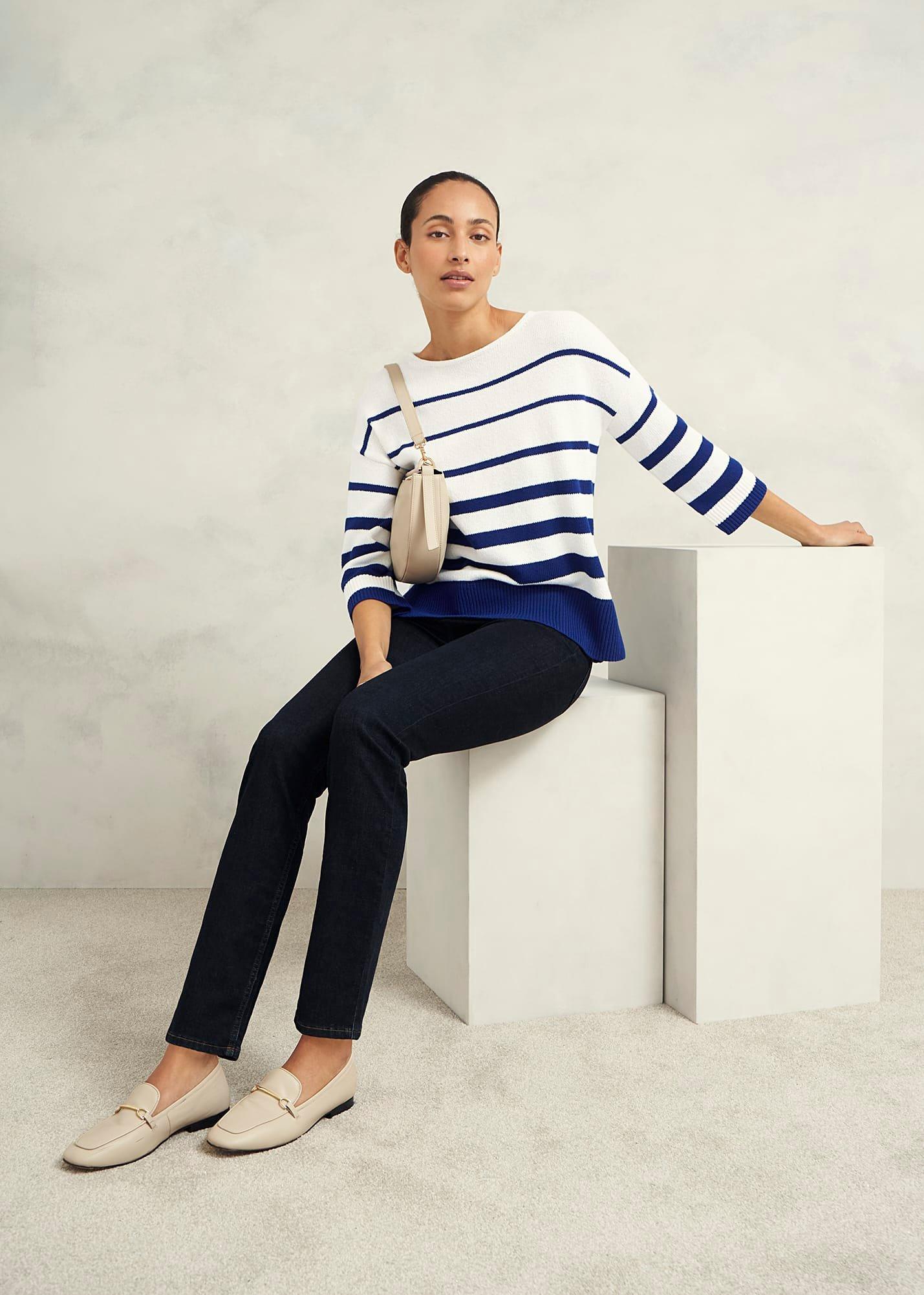 Elaine Stripe Cotton Blend Jumper, Ivory Blue, hi-res