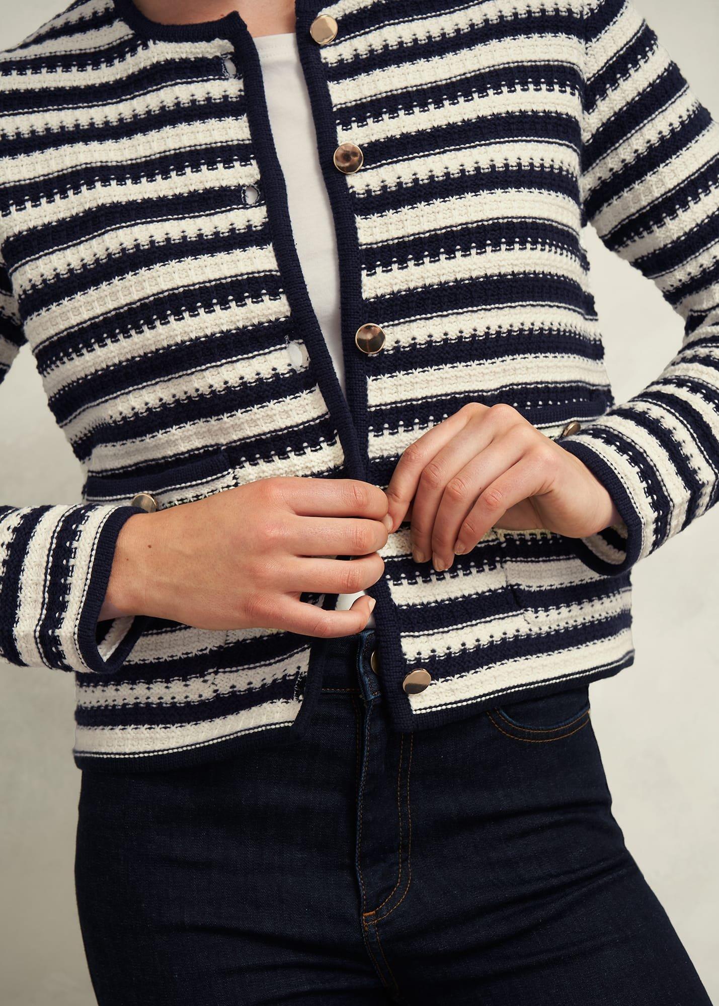 Milly Cotton Knitted Jacket, Navy Warm Ivory, hi-res