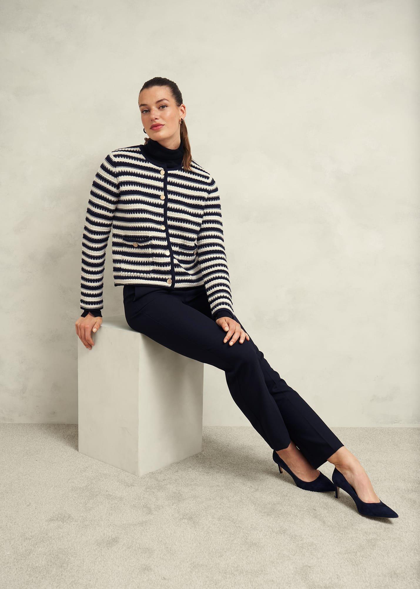 Milly Cotton Knitted Jacket, Navy Warm Ivory, hi-res