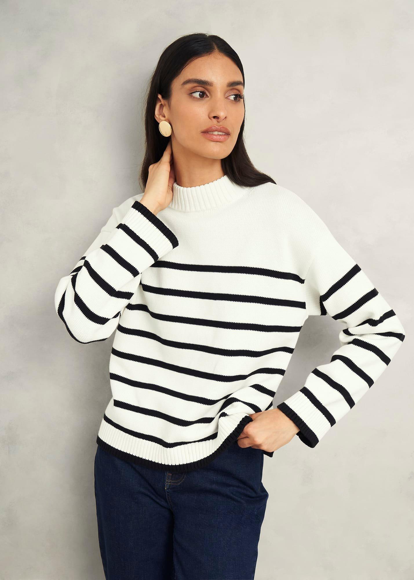 Eastnor Cotton Stripe Jumper, Ivory Black, hi-res