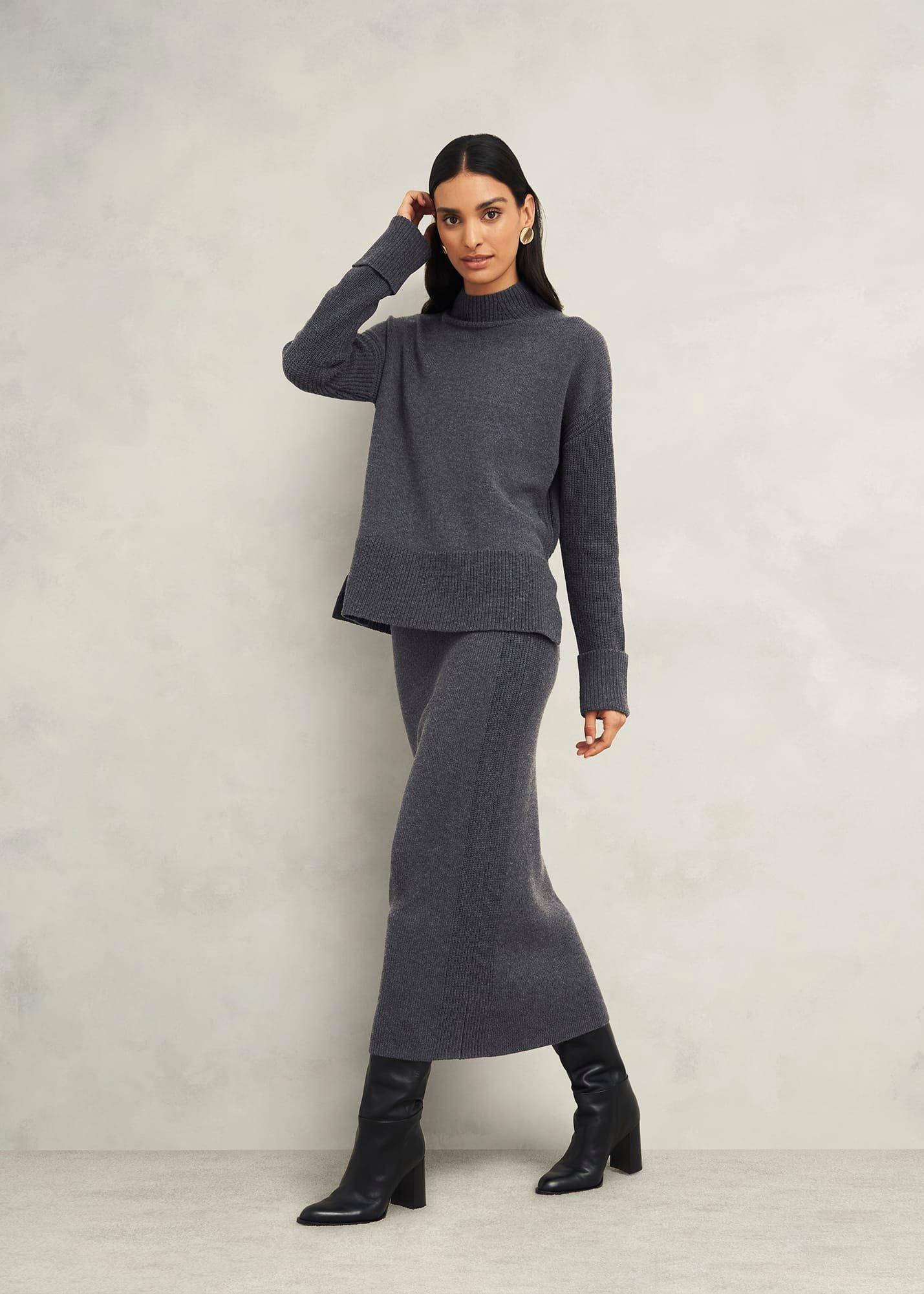Gaskell Co-Ord Wool Cotton Skirt, Dark Grey Marl, hi-res