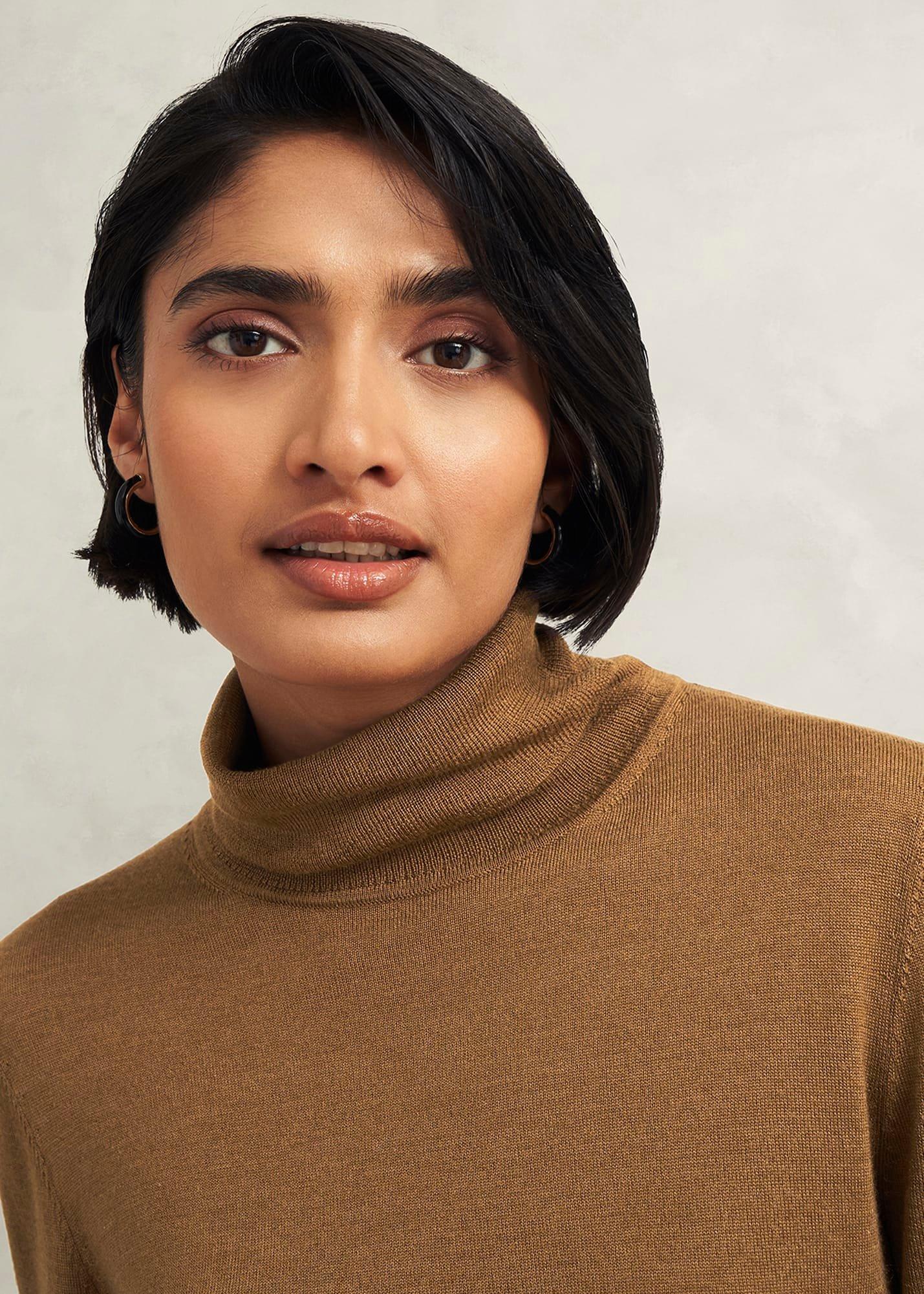Clarendon Wool Silk Roll Neck Jumper, Classic Vicuna, hi-res