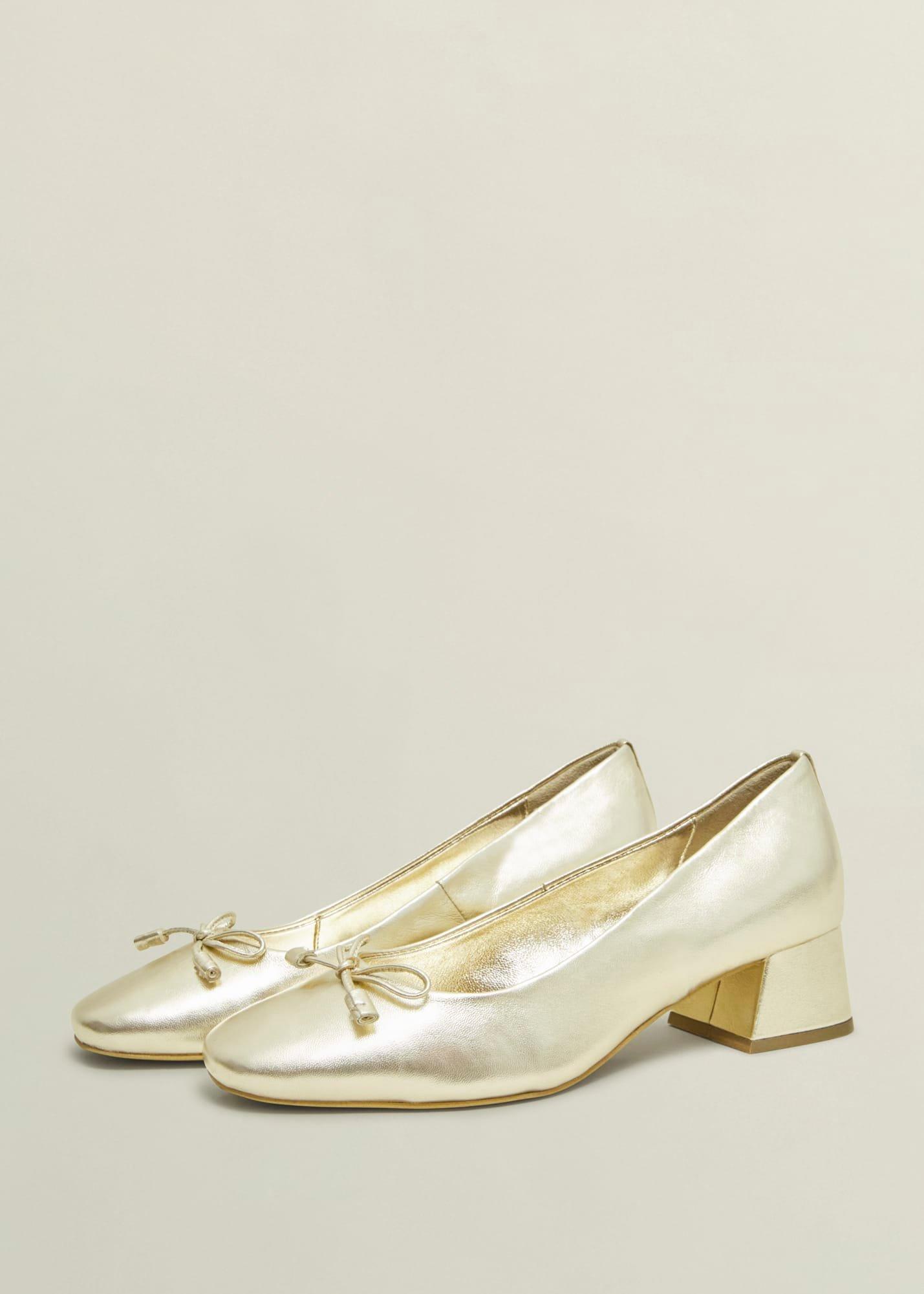 Andie Heeled Leather Ballerinas, Gold, hi-res