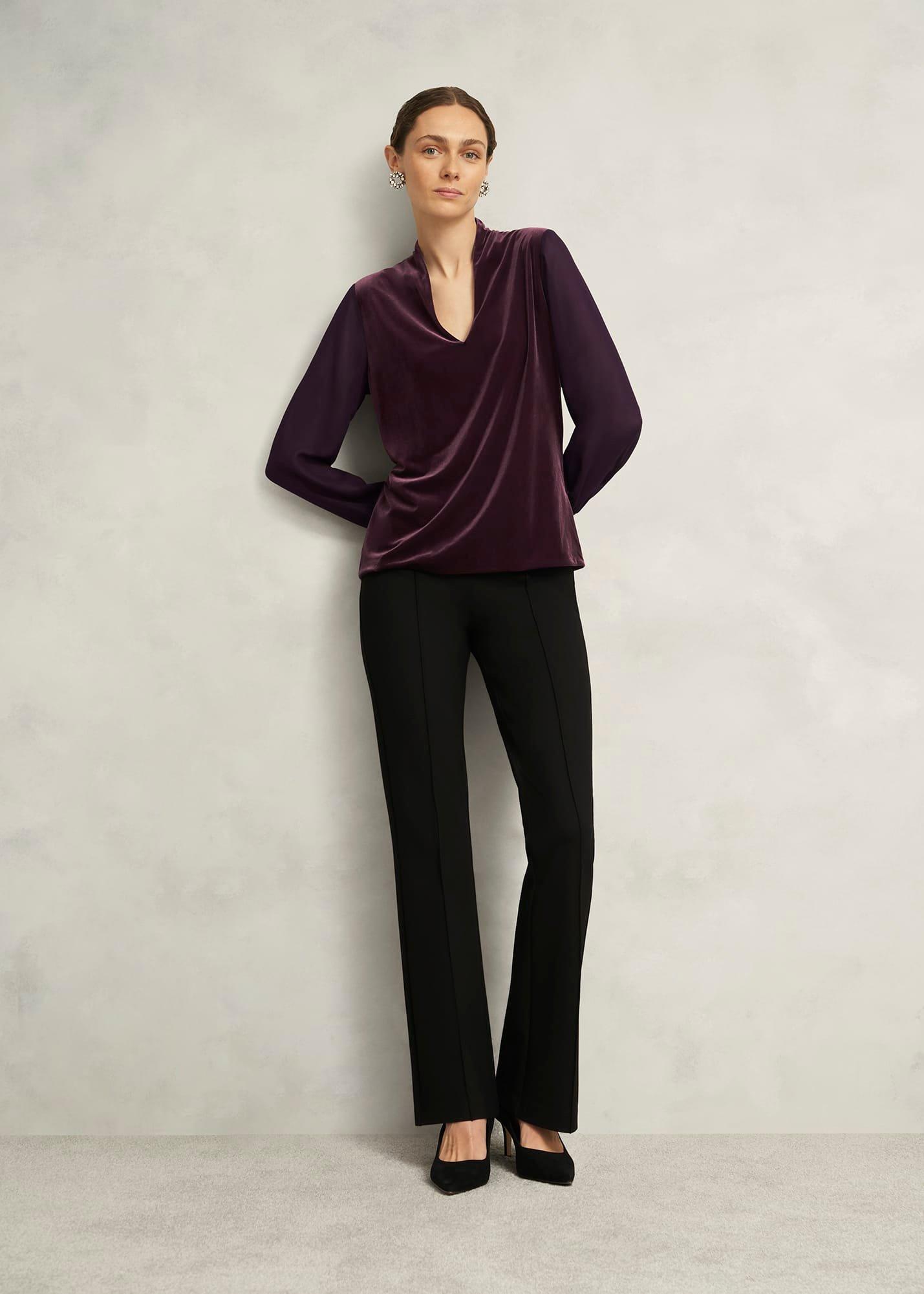 Aimee Velvet V Neck Long Sleeve Top, Malbec Purple, hi-res