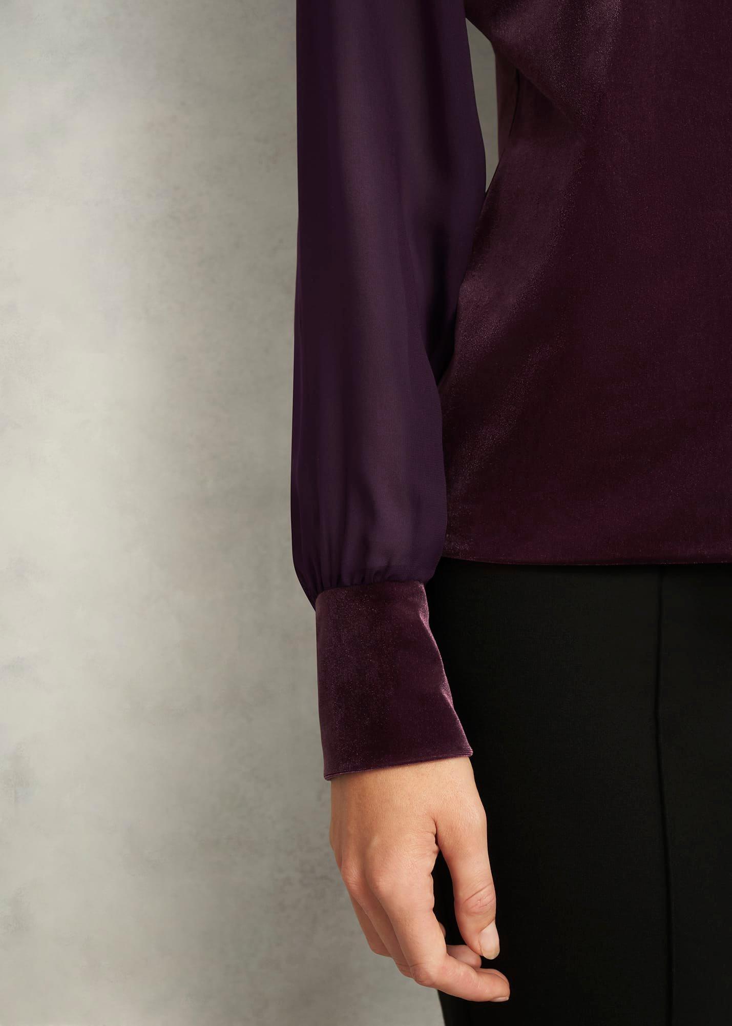 Aimee Velvet V Neck Long Sleeve Top, Malbec Purple, hi-res