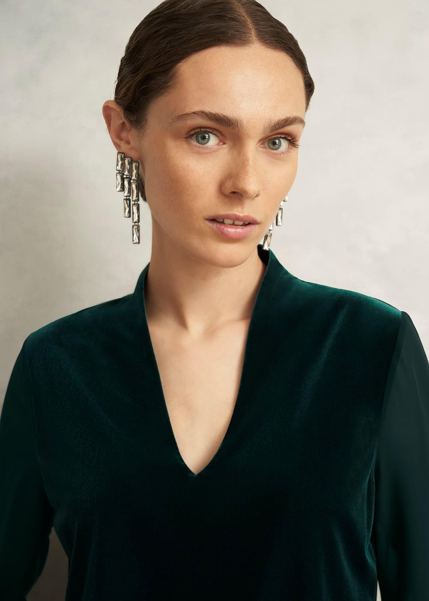 Aimee Velvet V Neck Long Sleeve Top, Ponderosa Green, hi-res