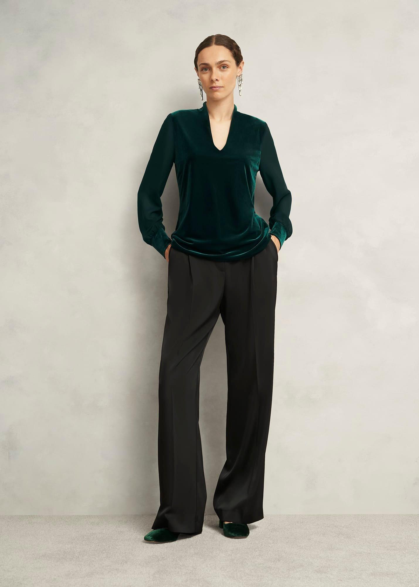 Aimee Velvet V Neck Long Sleeve Top, Ponderosa Green, hi-res