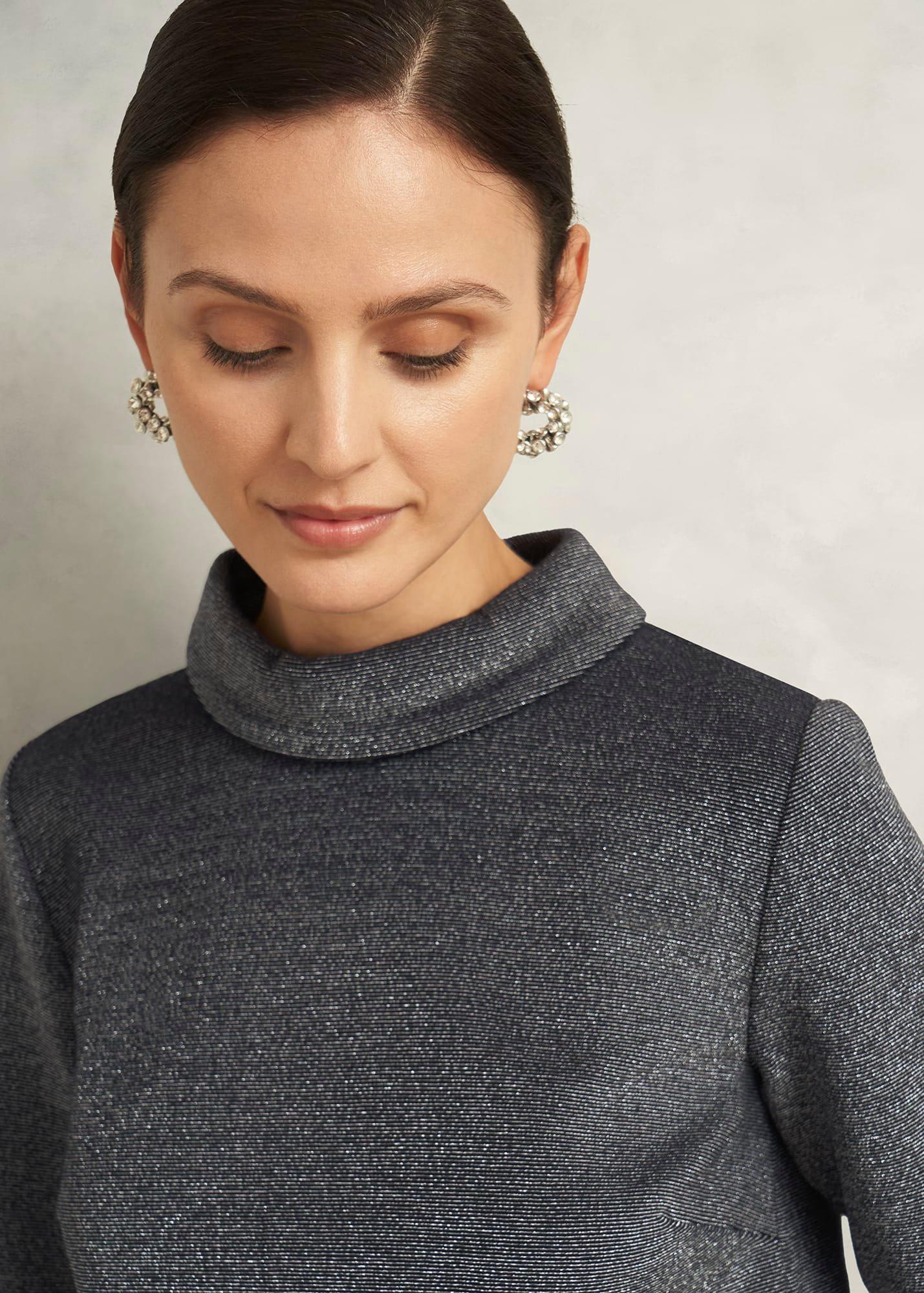 Tali Sparkle 3/4 Sleeve Roll Neck Top, Navy Silver, hi-res