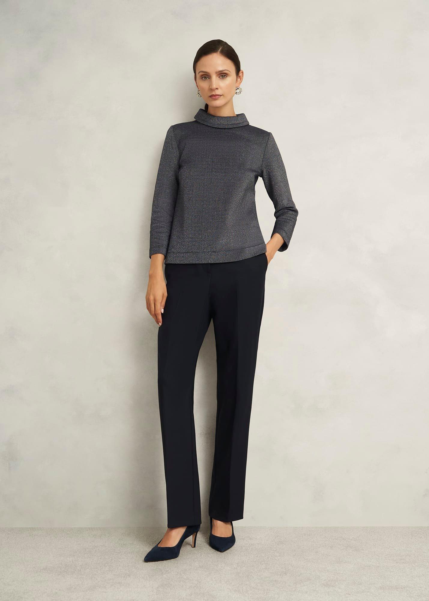 Tali Sparkle 3/4 Sleeve Roll Neck Top, Navy Silver, hi-res