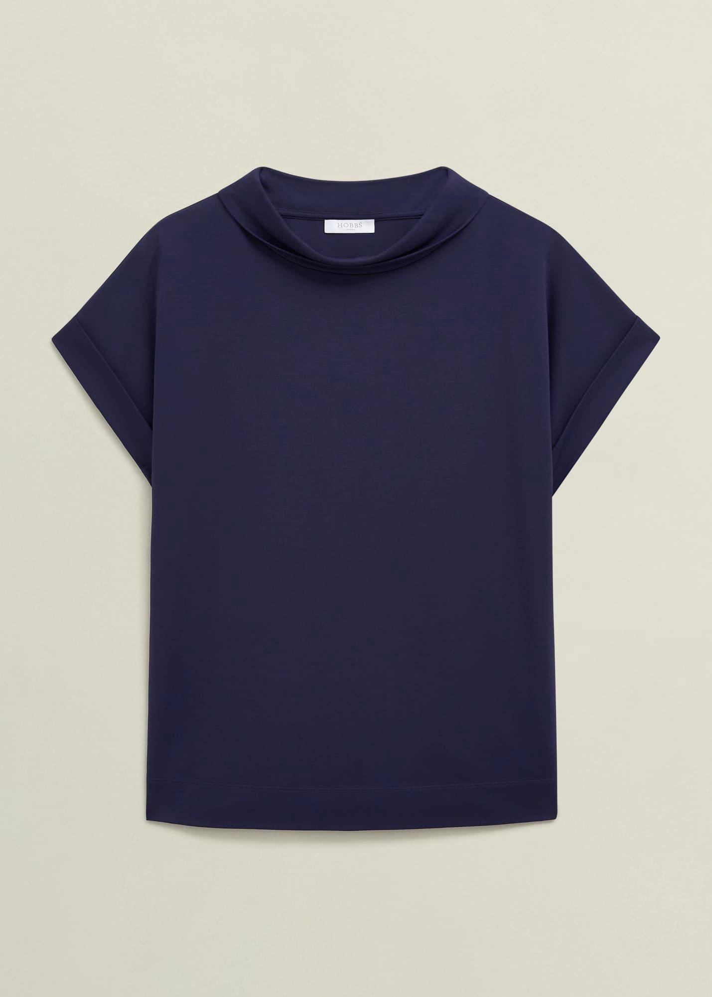 Navy Catriona Cotton Boat Neck Short Sleeve Top