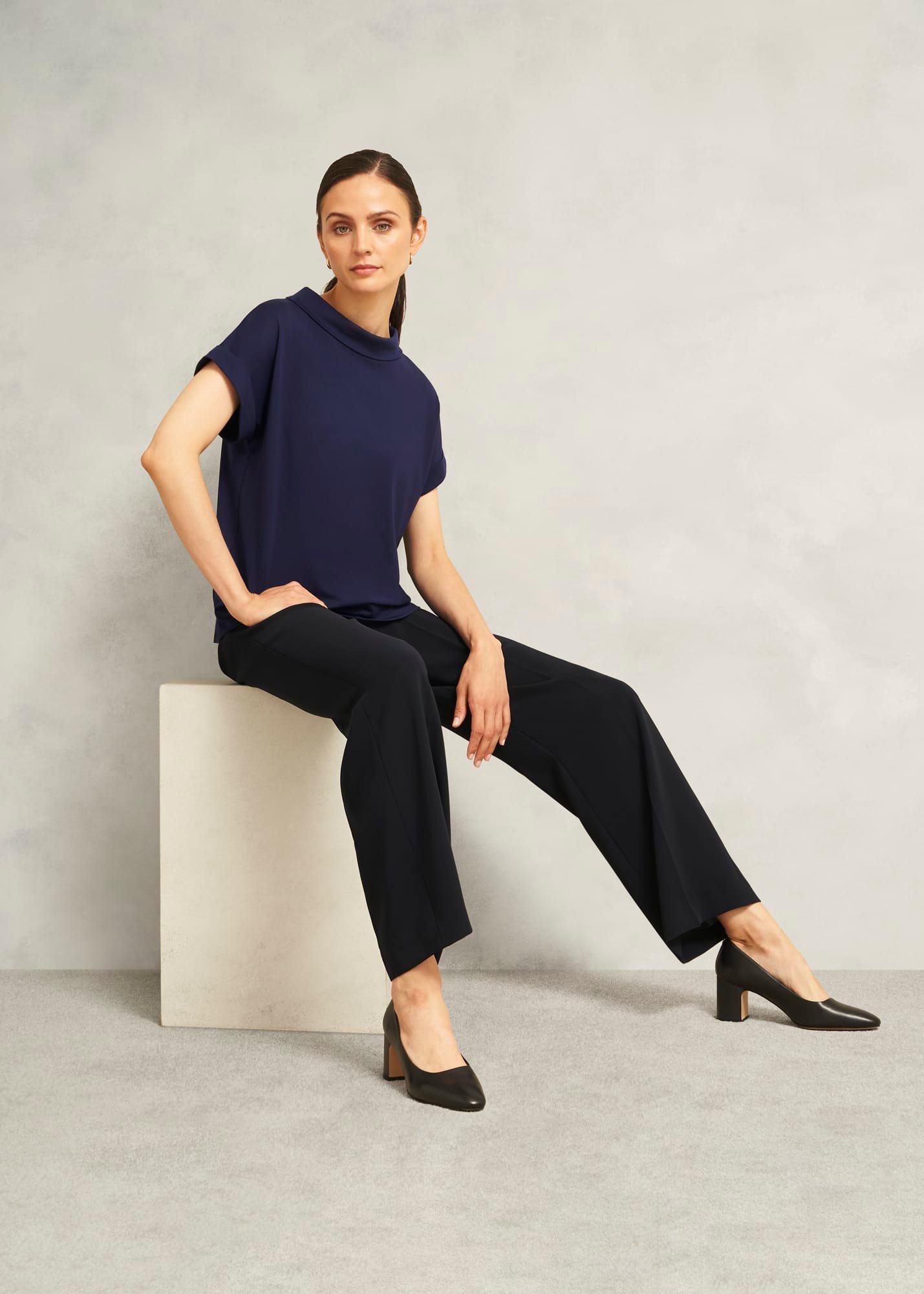 Navy Catriona Cotton Boat Neck Short Sleeve Top, Midnight Navy, hi-res