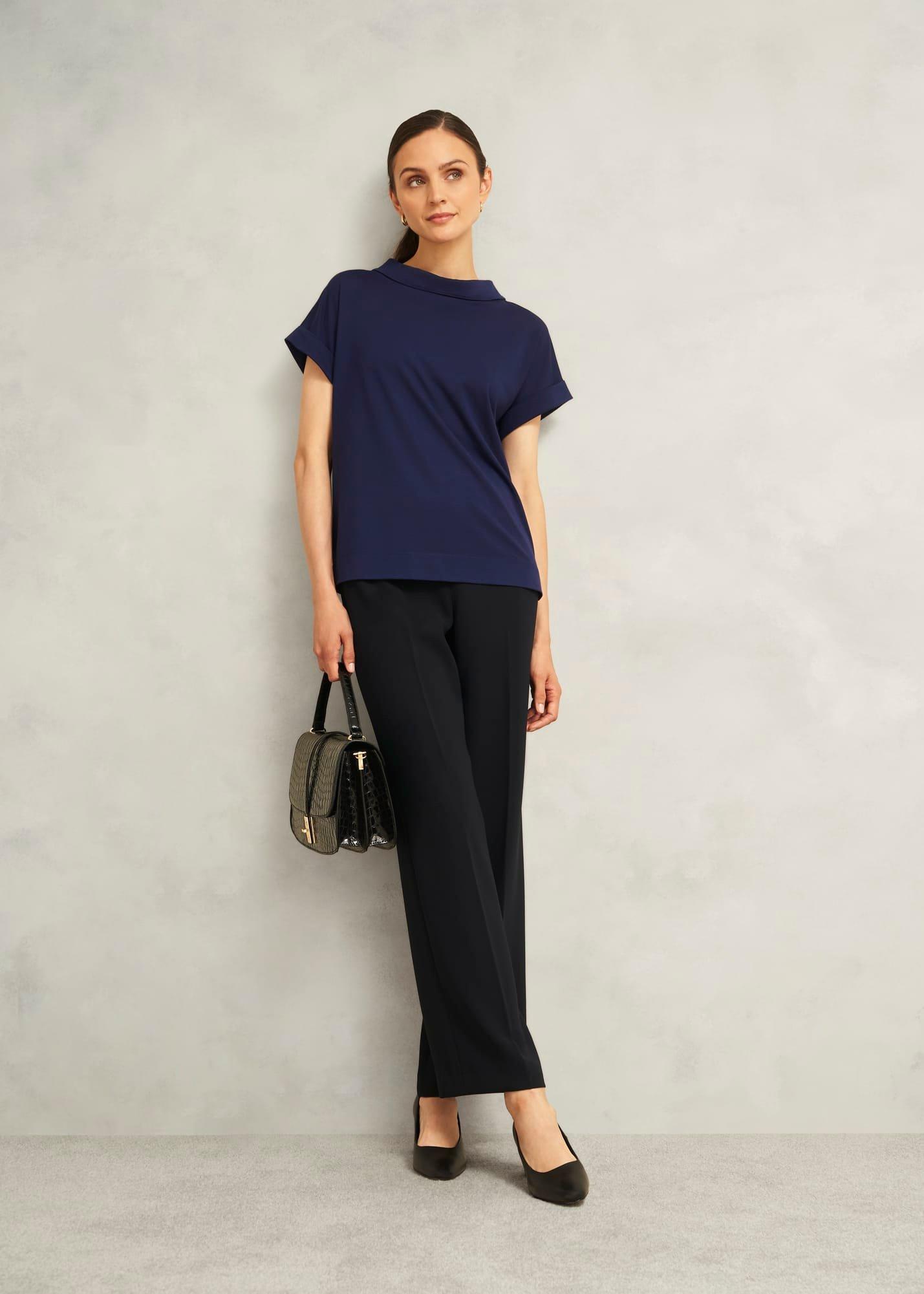 Navy Catriona Cotton Boat Neck Short Sleeve Top, Midnight Navy, hi-res