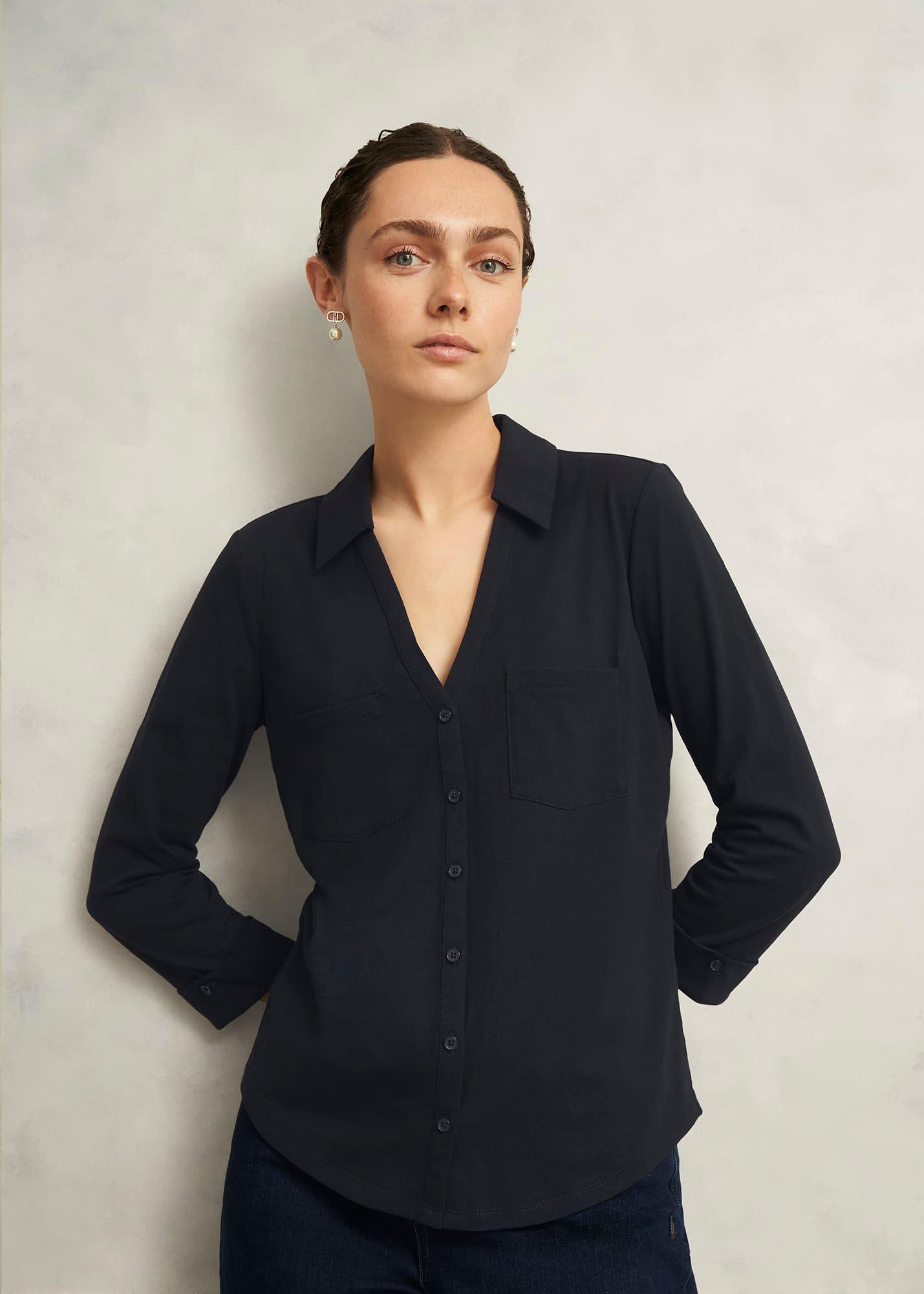Navy Zariah Cotton Slub 3/4 Sleeve Shirt