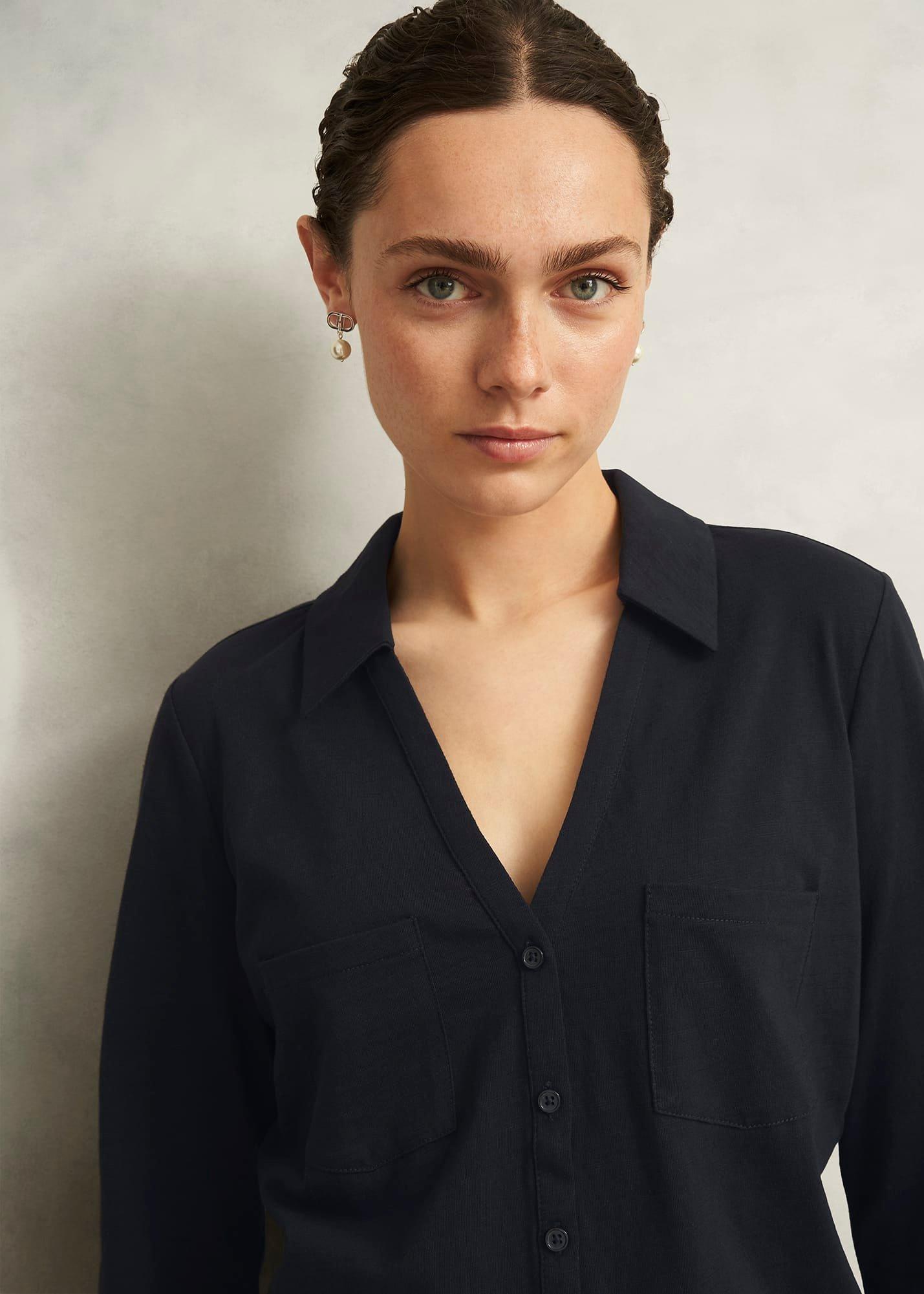 Navy Zariah Cotton Slub 3/4 Sleeve Shirt, Hobbs Navy, hi-res