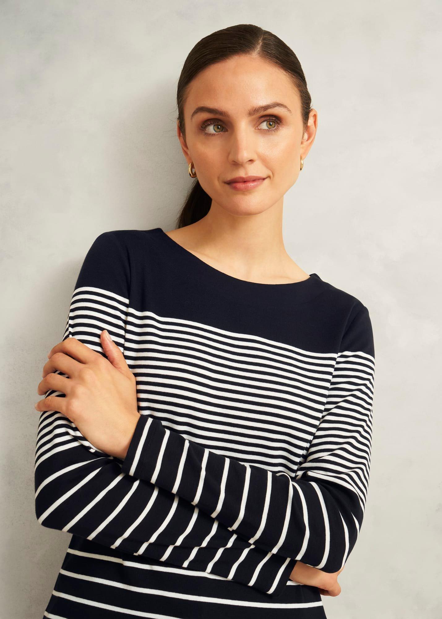 Navy Constance Cotton Striped Long Sleeve Top, Navy Ivory, hi-res