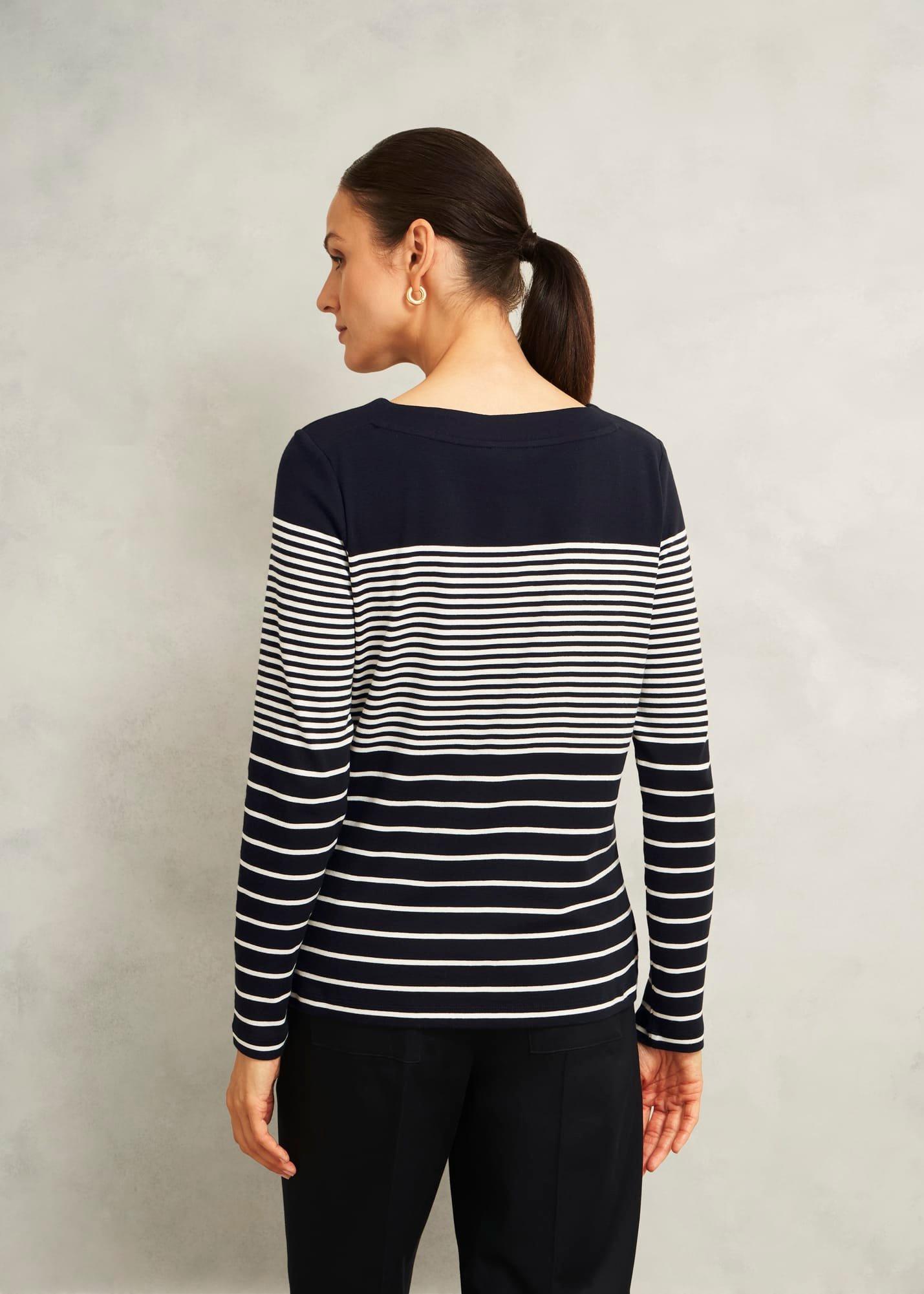 Navy Constance Cotton Striped Long Sleeve Top, Navy Ivory, hi-res