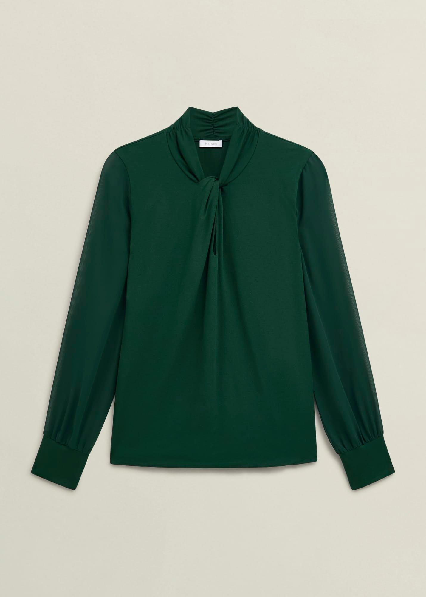 Green Ashley Twist Neck Sheer Long Sleeve Top