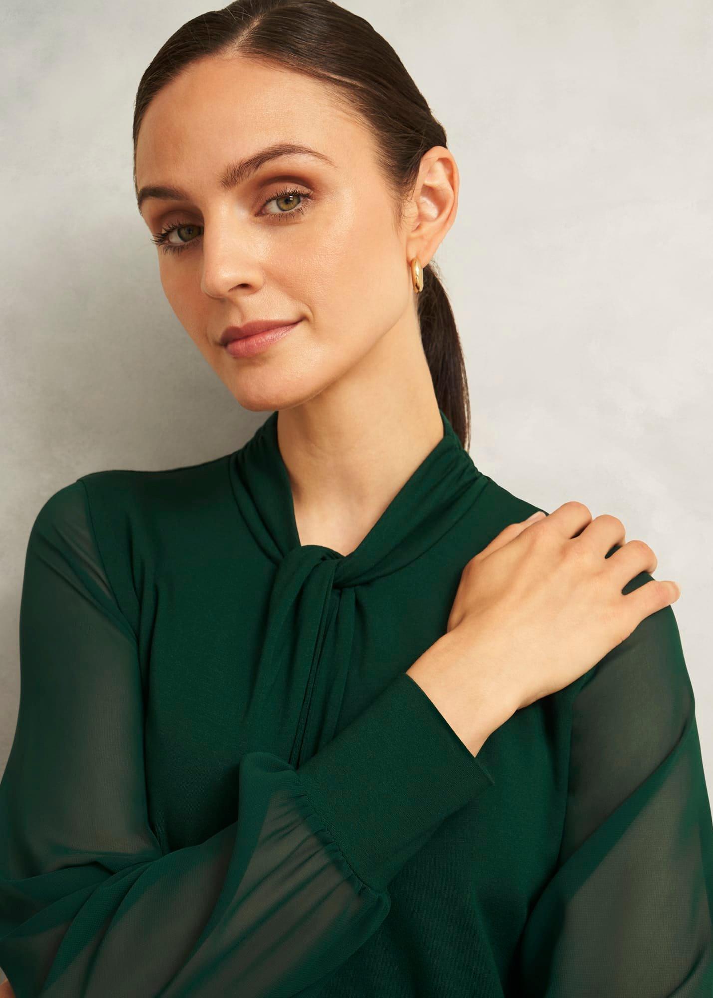 Green Ashley Twist Neck Sheer Long Sleeve Top, Bay Green, hi-res