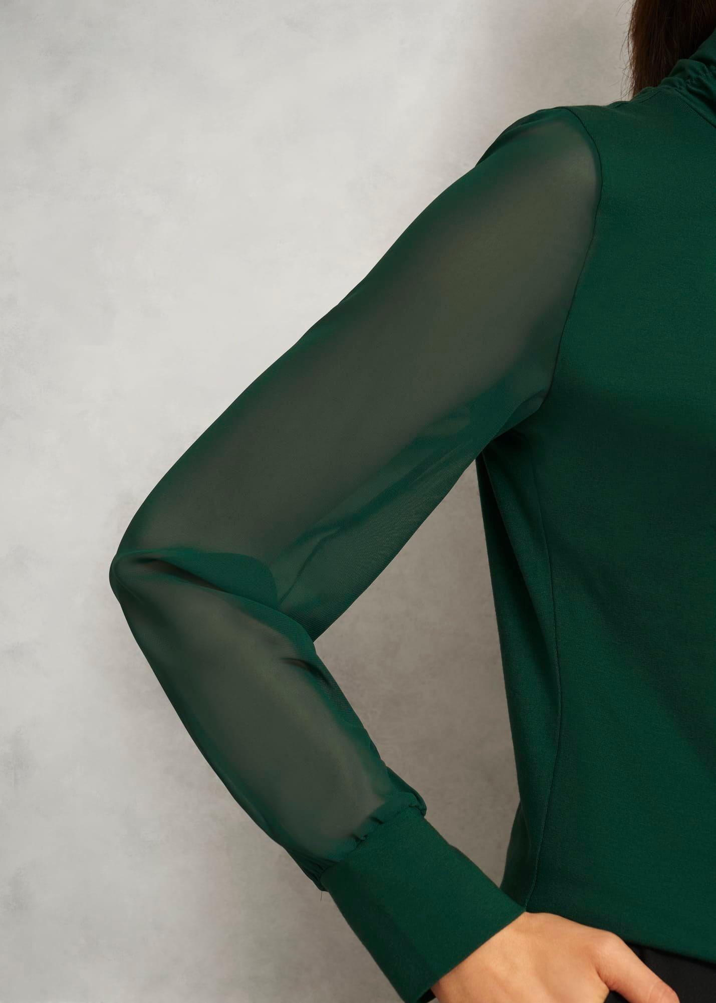 Green Ashley Twist Neck Sheer Long Sleeve Top, Bay Green, hi-res