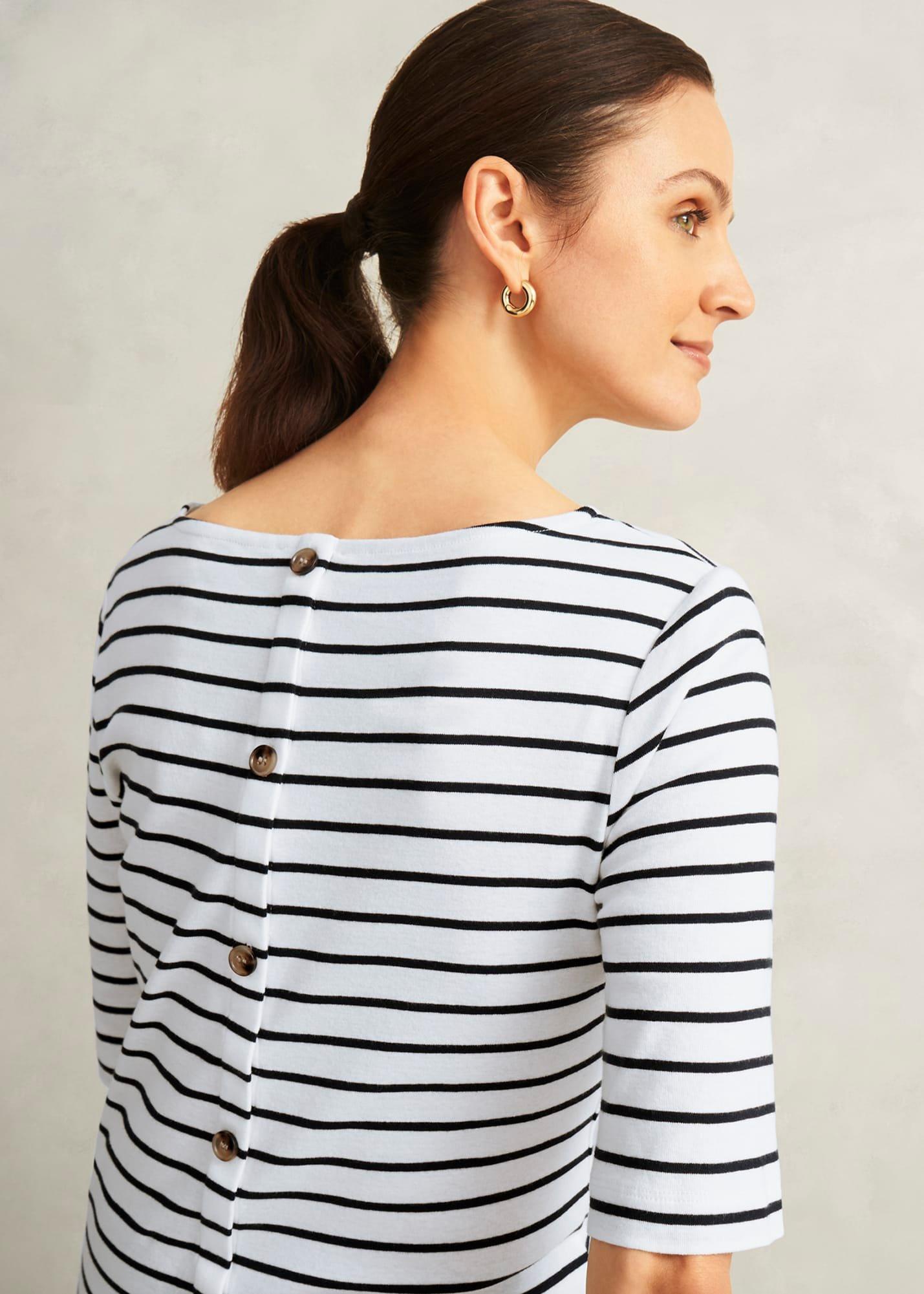Ivory Katie Cotton Stripe Button Back Top, White Navy, hi-res