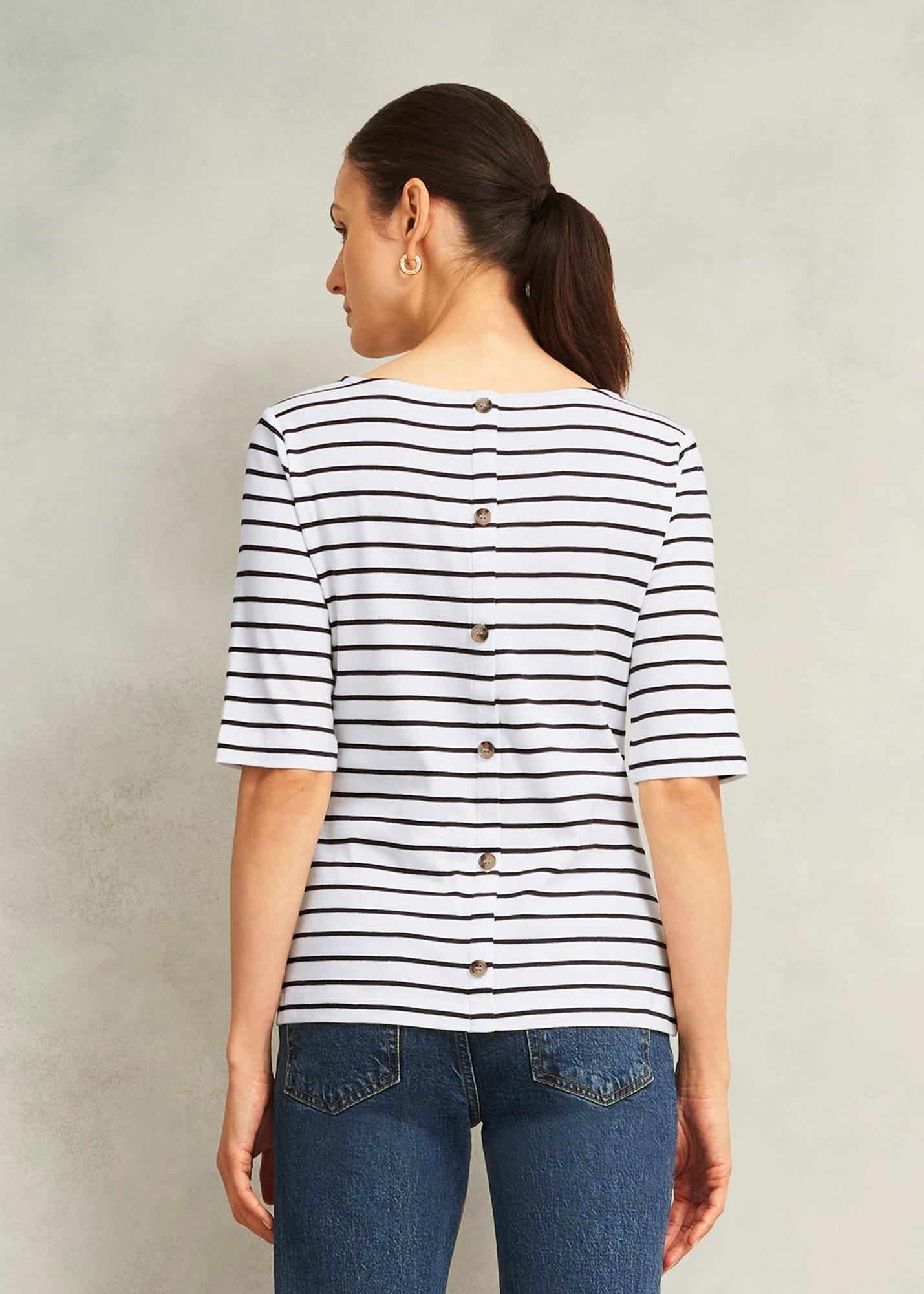 Ivory Katie Cotton Stripe Button Back Top, White Navy, hi-res