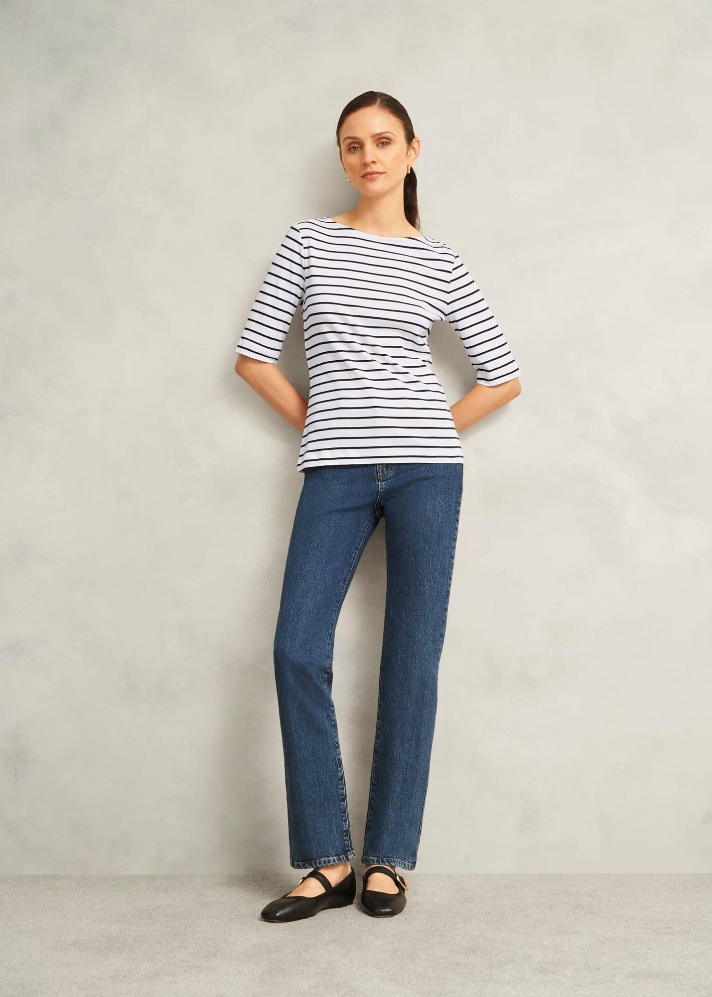 Ivory Katie Cotton Stripe Button Back Top, White Navy, hi-res