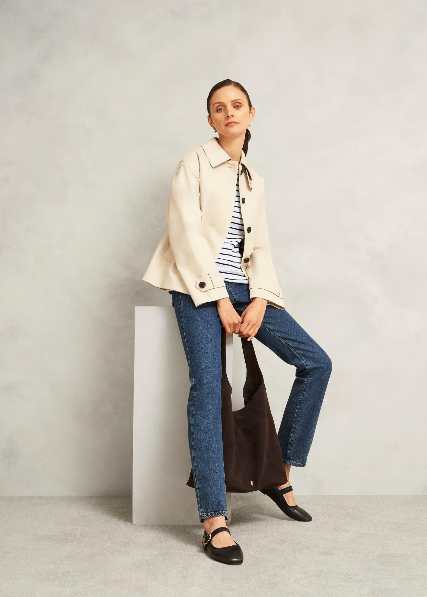 Ivory Katie Cotton Stripe Button Back Top, White Navy, hi-res