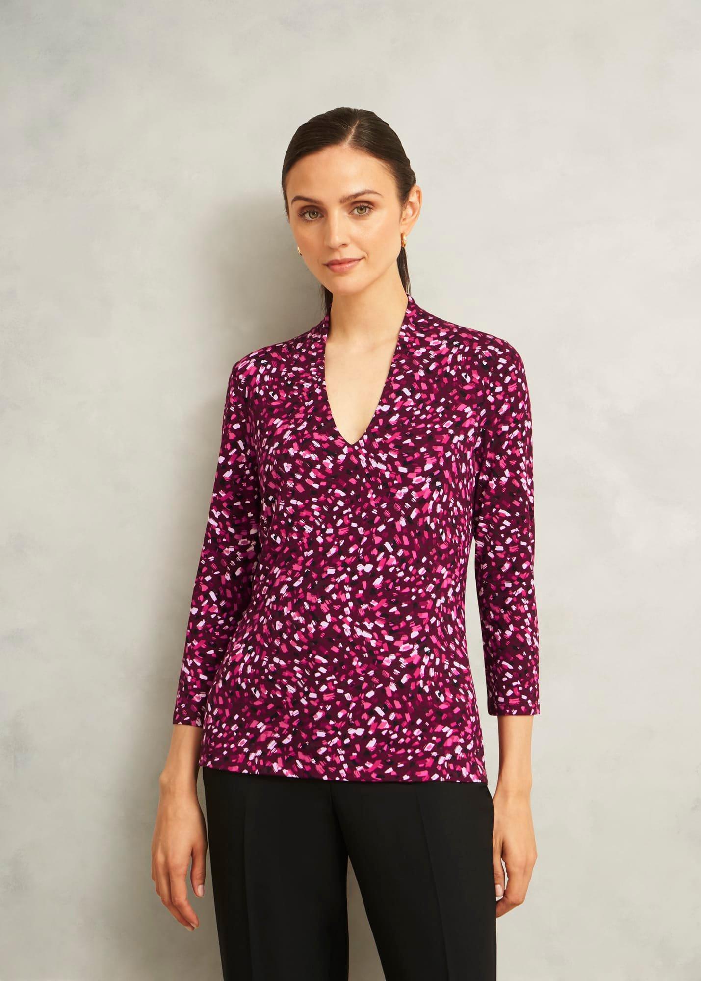 Burgundy Aimee Printed V Neck 3/4 Sleeve Top