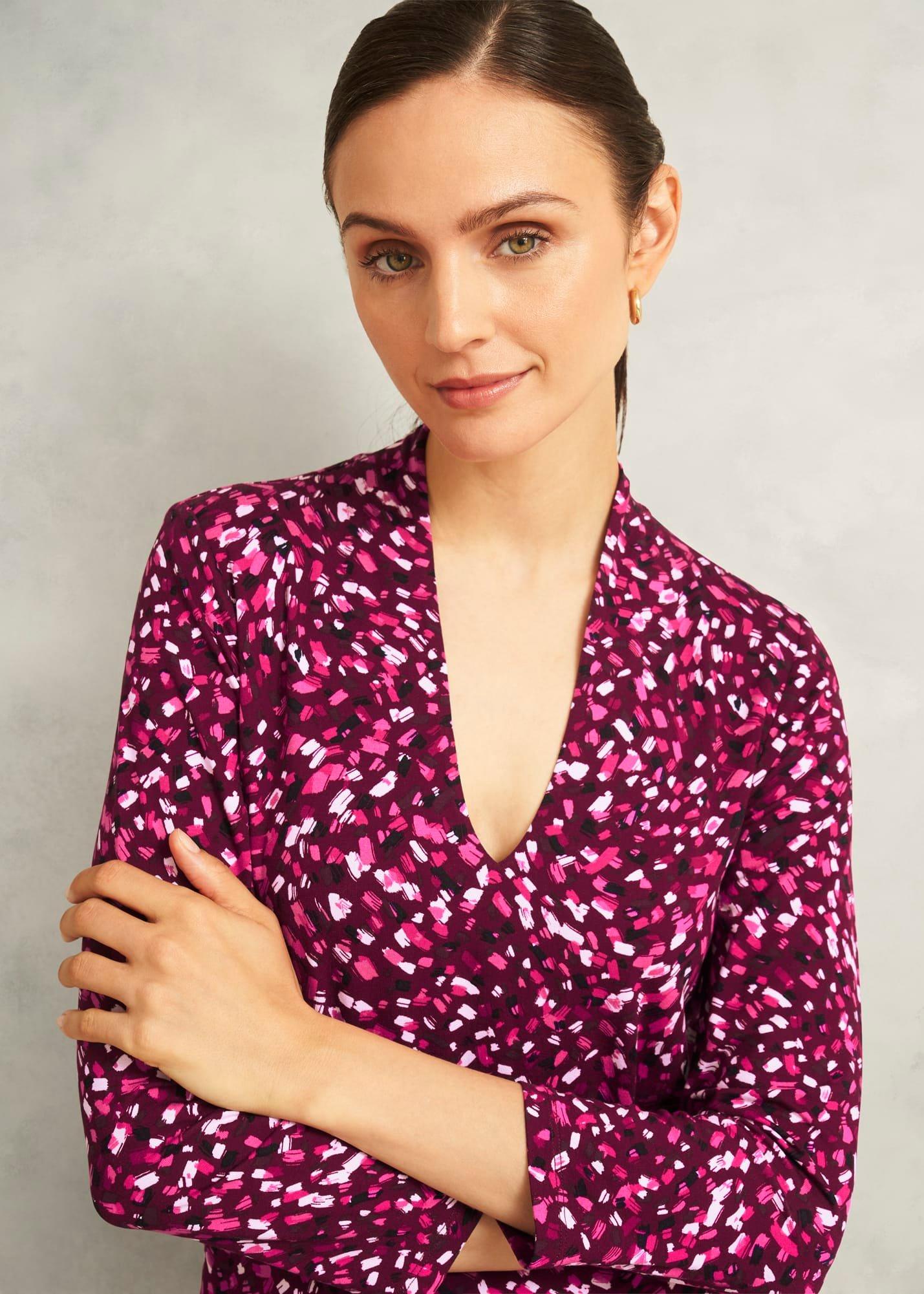 Burgundy Aimee Printed V Neck 3/4 Sleeve Top, Beryl Red, hi-res