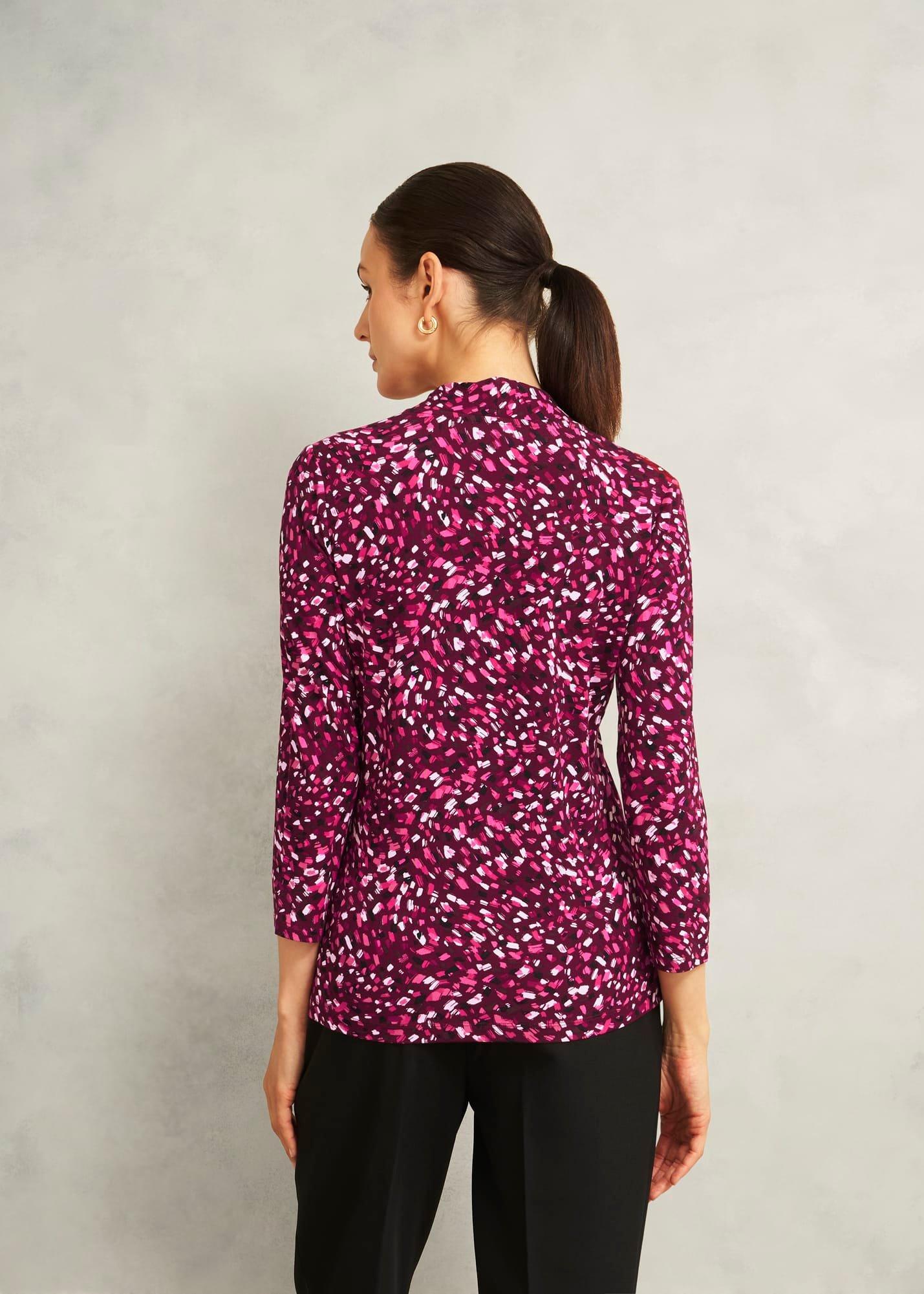 Burgundy Aimee Printed V Neck 3/4 Sleeve Top, Beryl Red, hi-res