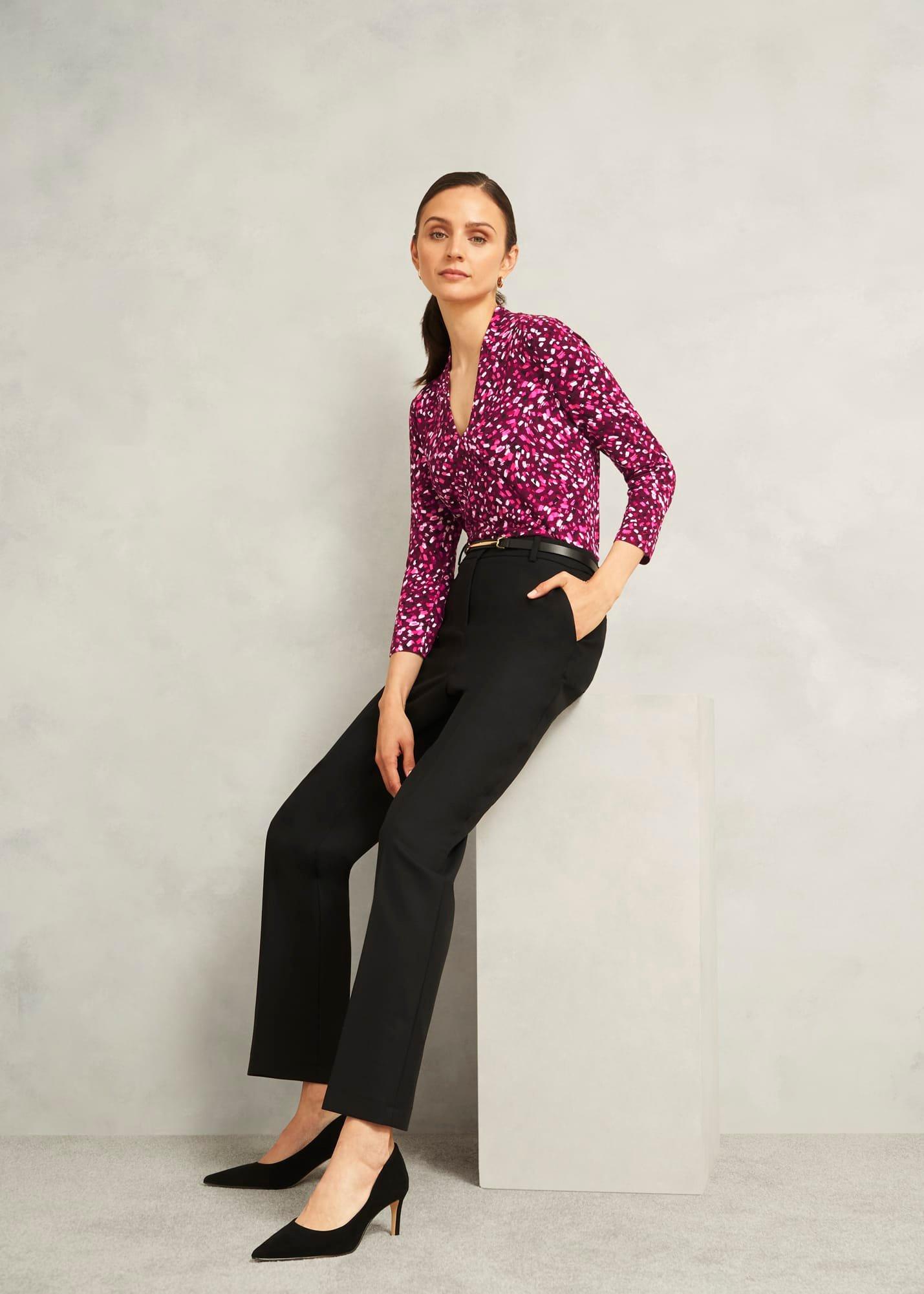 Burgundy Aimee Printed V Neck 3/4 Sleeve Top, Beryl Red, hi-res