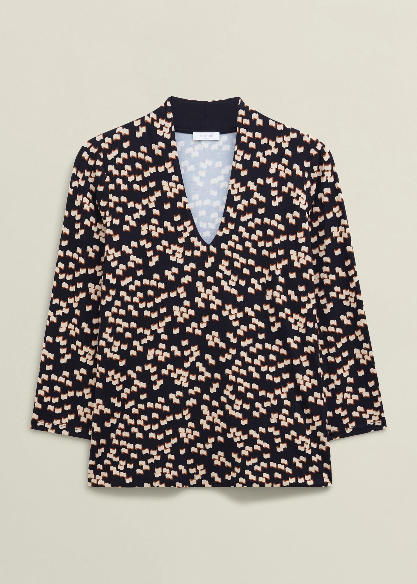 Navy Aimee Printed V Neck 3/4 Sleeve Top