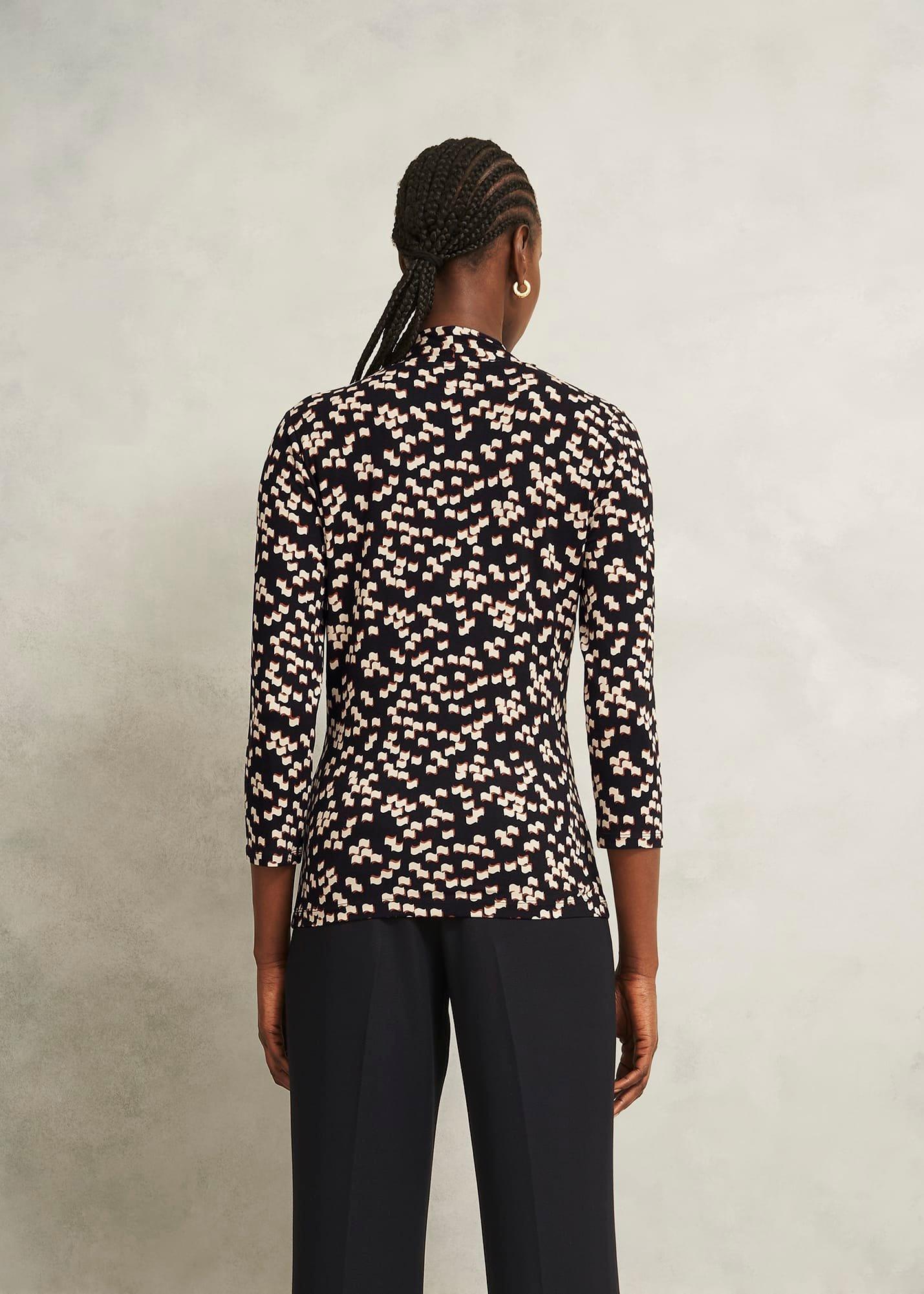 Navy Aimee Printed V Neck 3/4 Sleeve Top, Navy Ivory, hi-res