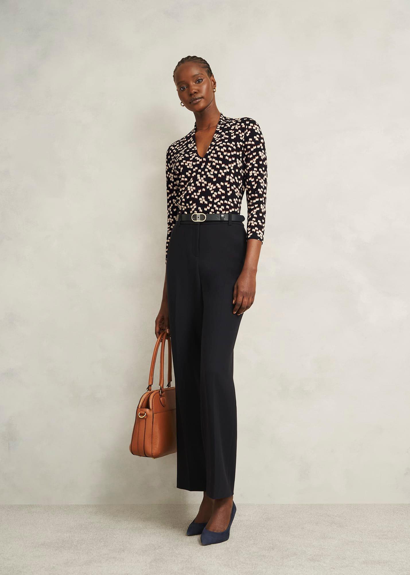 Navy Aimee Printed V Neck 3/4 Sleeve Top, Navy Ivory, hi-res