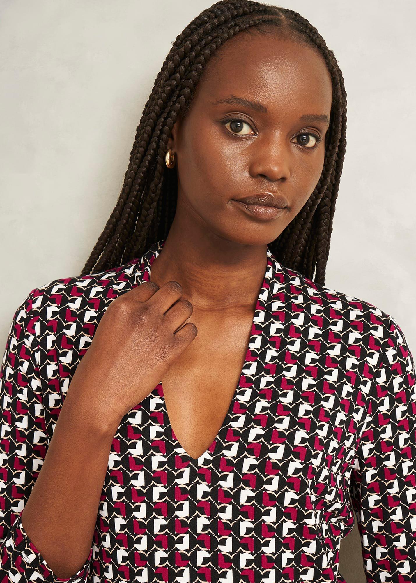 Pink Aimee Printed V Neck 3/4 Sleeve Top, Pink Ivory, hi-res