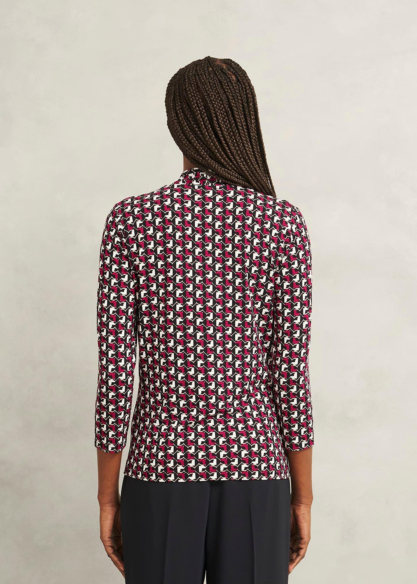 Pink Aimee Printed V Neck 3/4 Sleeve Top, Pink Ivory, hi-res