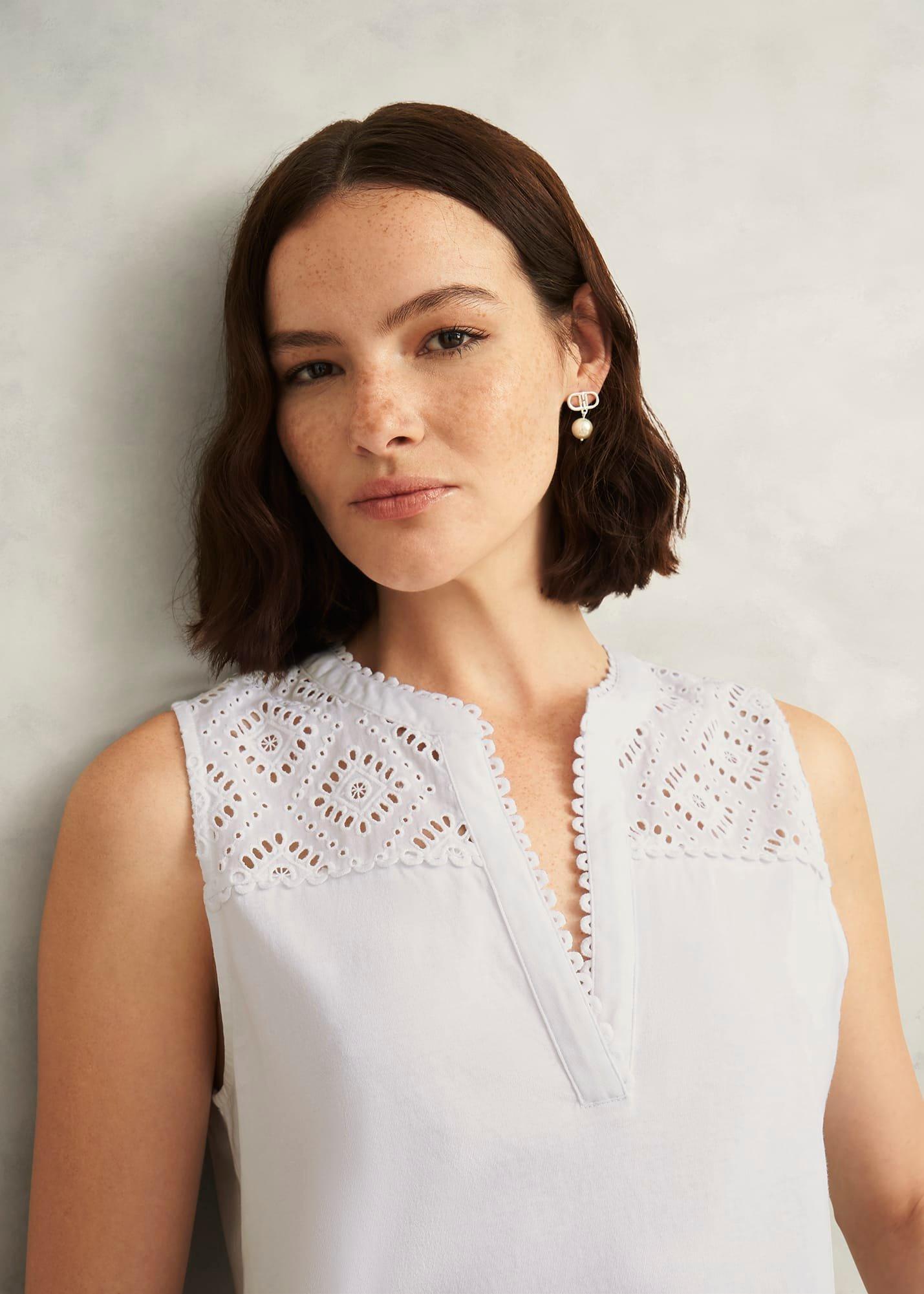 Suzanna Cotton Broderie Top, Hobbs White, hi-res