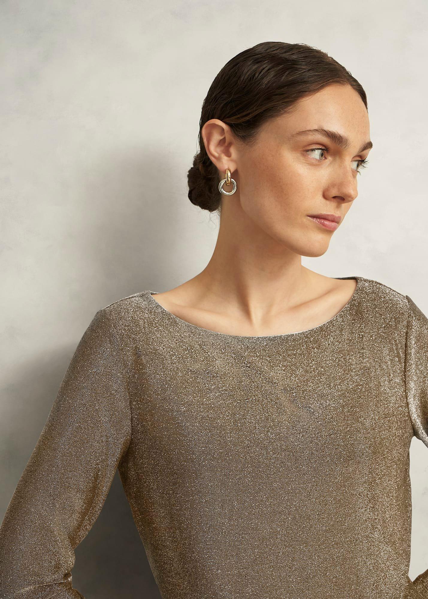 Metallic Sonya Gathered Neck Top, Gold, hi-res
