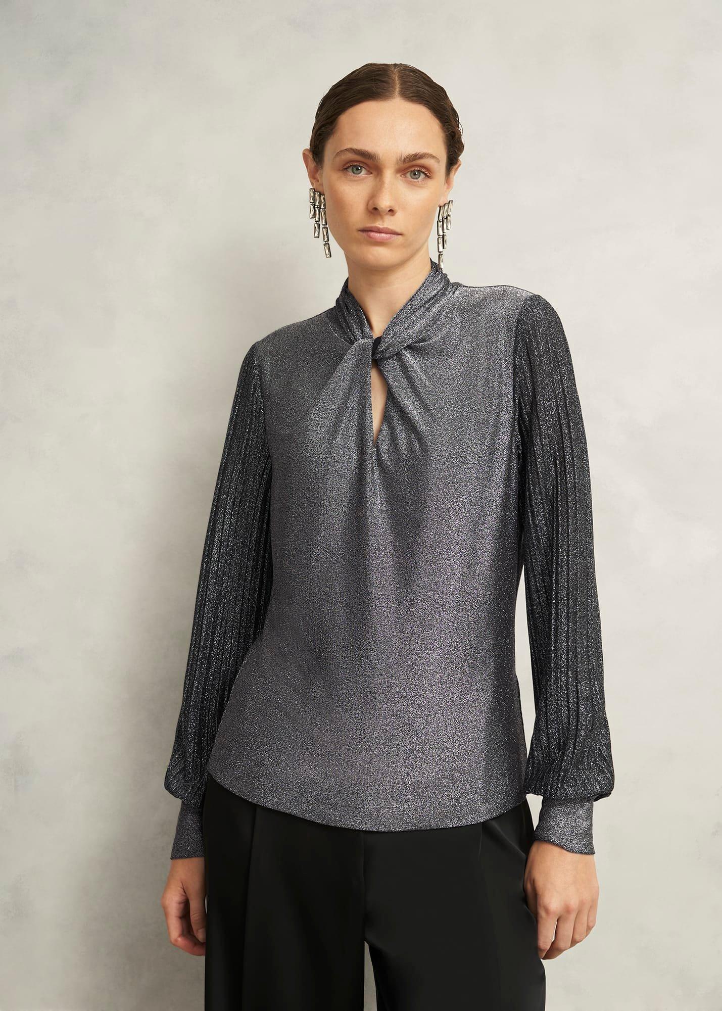 Silver Metallic Ashley Pleat Sleeve Twist Neck Top