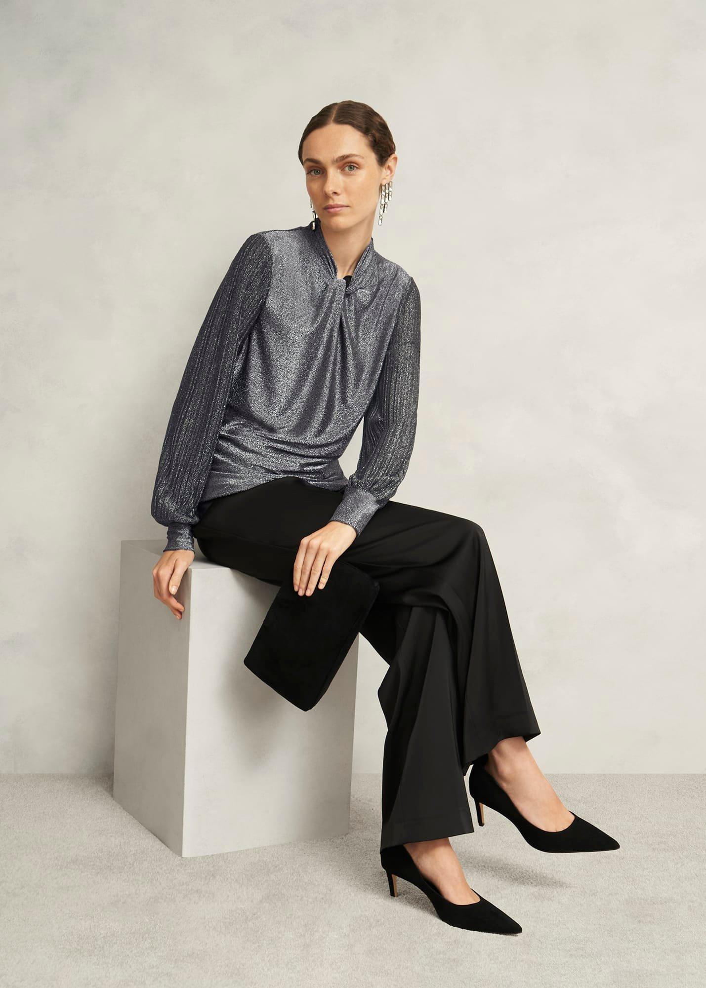 Silver Metallic Ashley Pleat Sleeve Twist Neck Top, Silver, hi-res