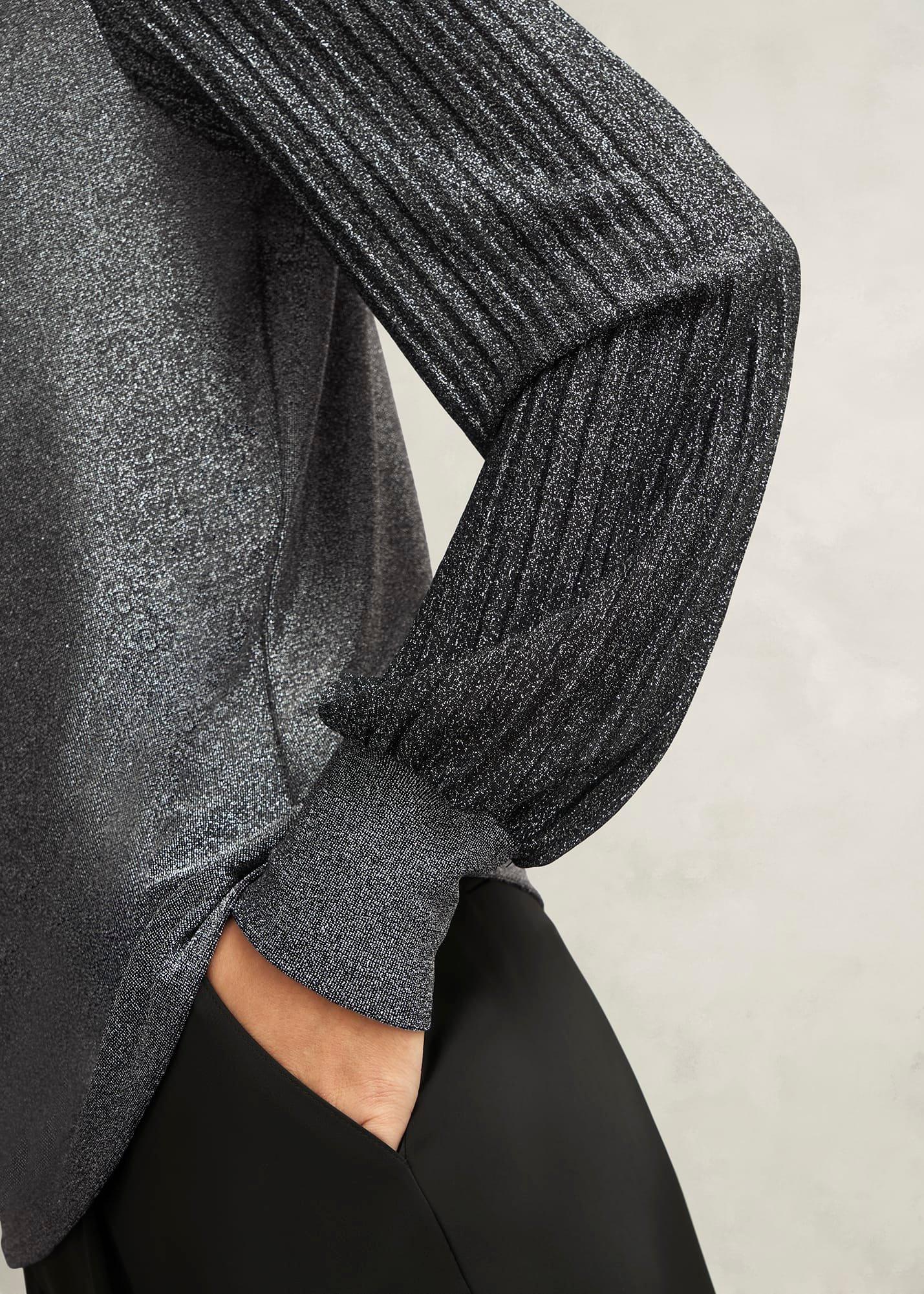 Silver Metallic Ashley Pleat Sleeve Twist Neck Top, Silver, hi-res