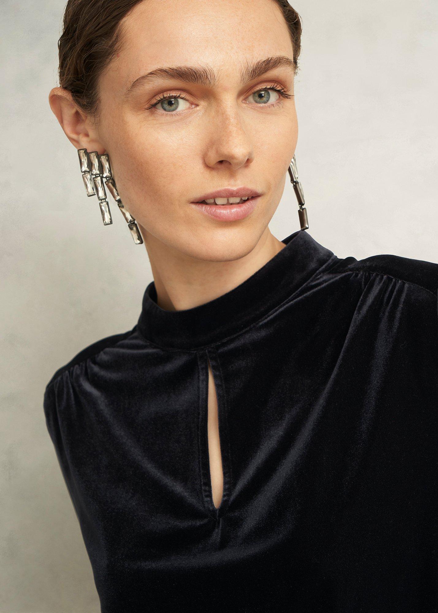 Lorelai Velvet High Neck Sheer Sleeve Top, Black, hi-res