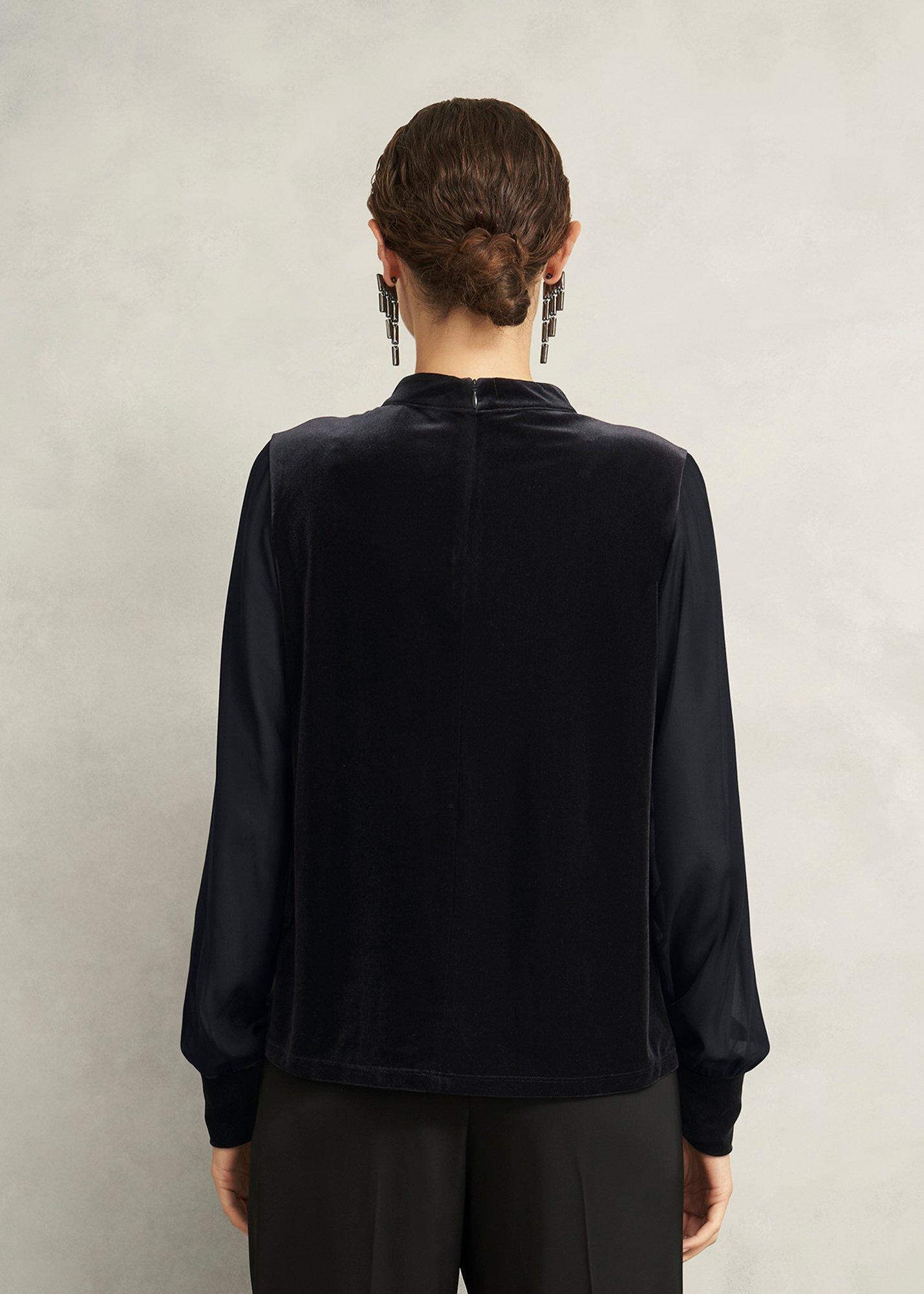 Lorelai Velvet High Neck Sheer Sleeve Top, Black, hi-res