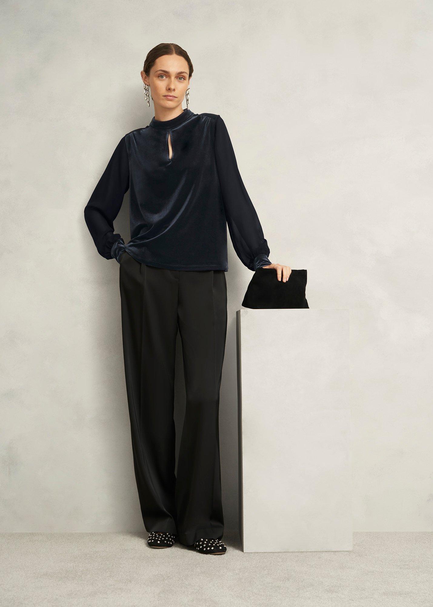 Lorelai Velvet High Neck Sheer Sleeve Top, Black, hi-res