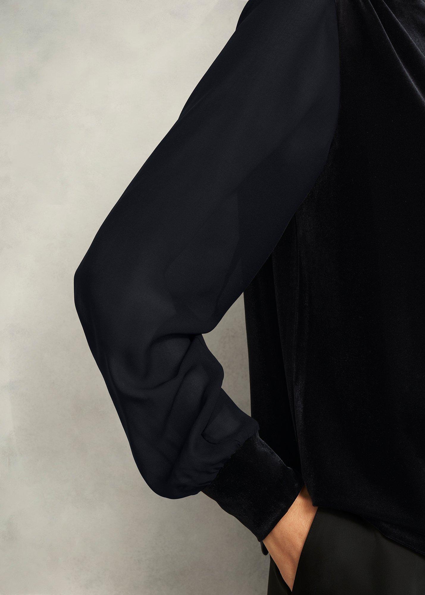 Lorelai Velvet High Neck Sheer Sleeve Top, Black, hi-res