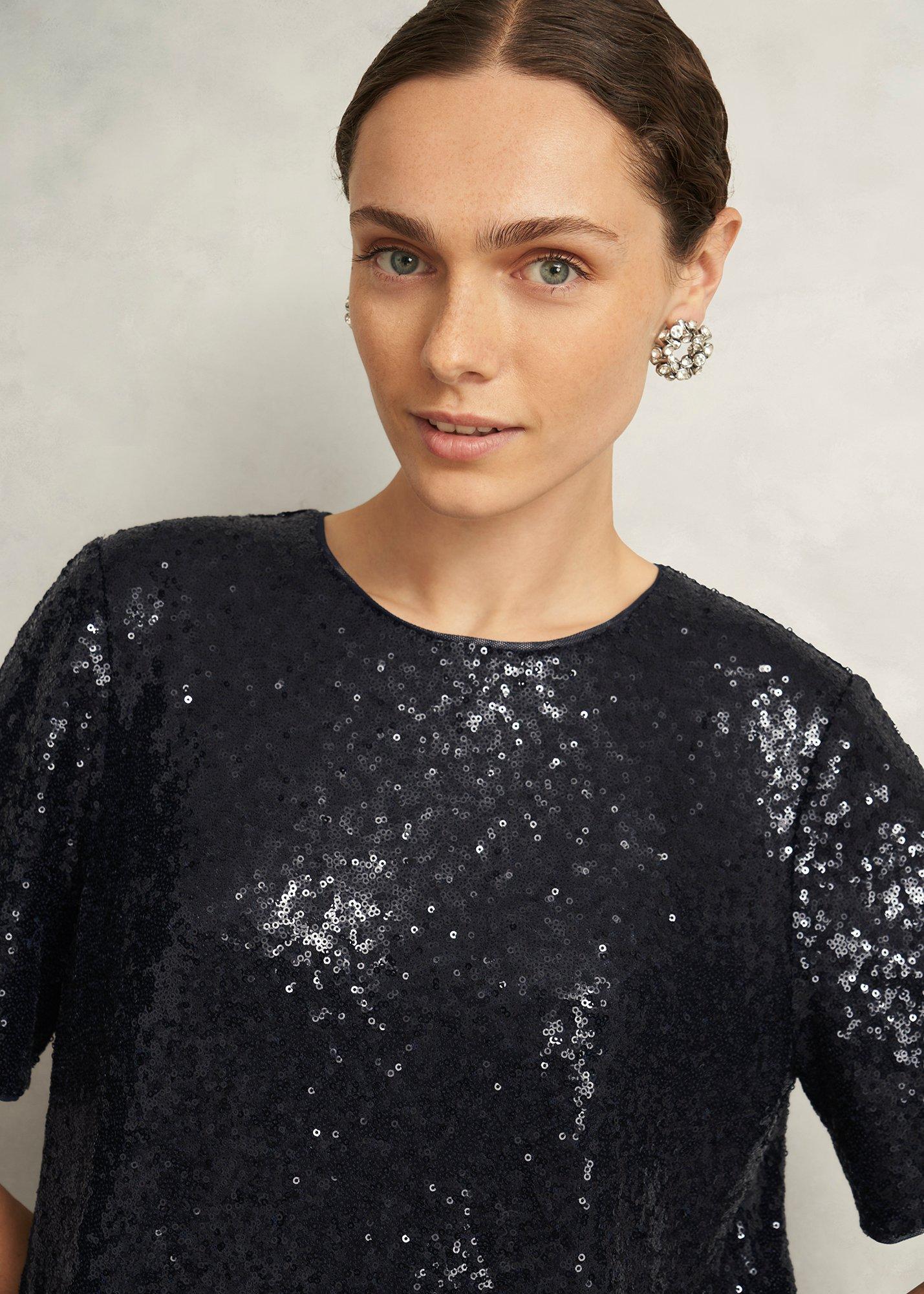 Lilibet Sparkle Sequin Short Sleeve Top, Hobbs Navy, hi-res
