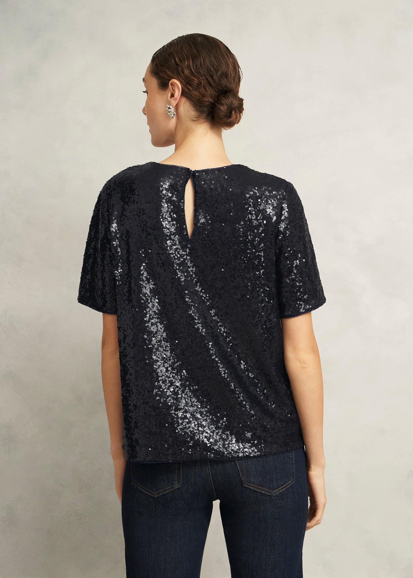 Lilibet Sparkle Sequin Short Sleeve Top, Hobbs Navy, hi-res
