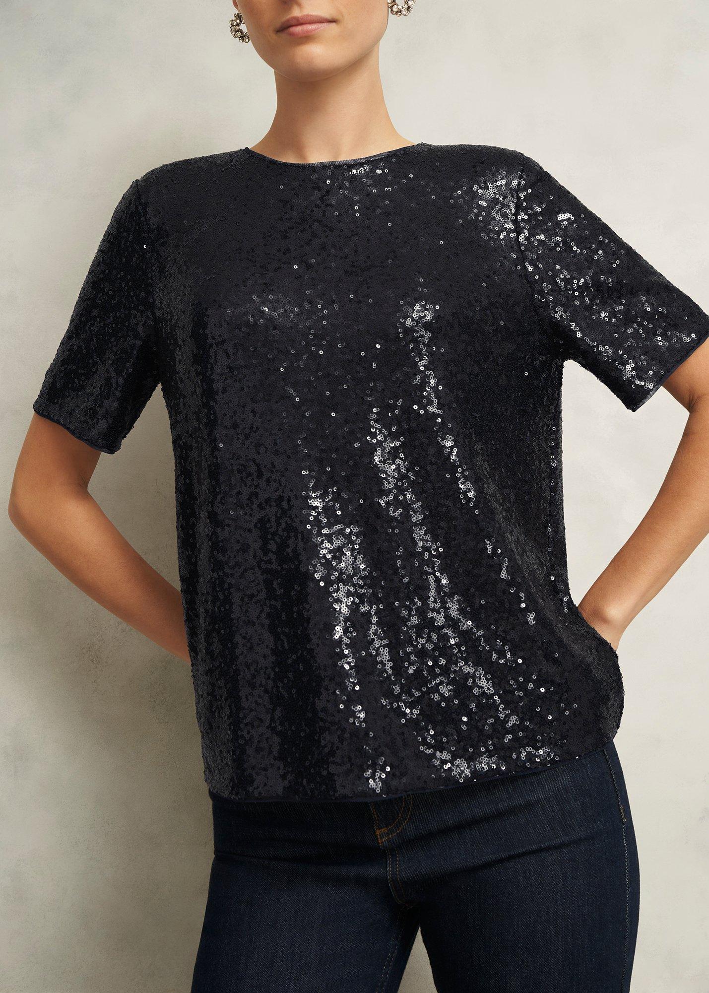 Lilibet Sparkle Sequin Short Sleeve Top, Hobbs Navy, hi-res