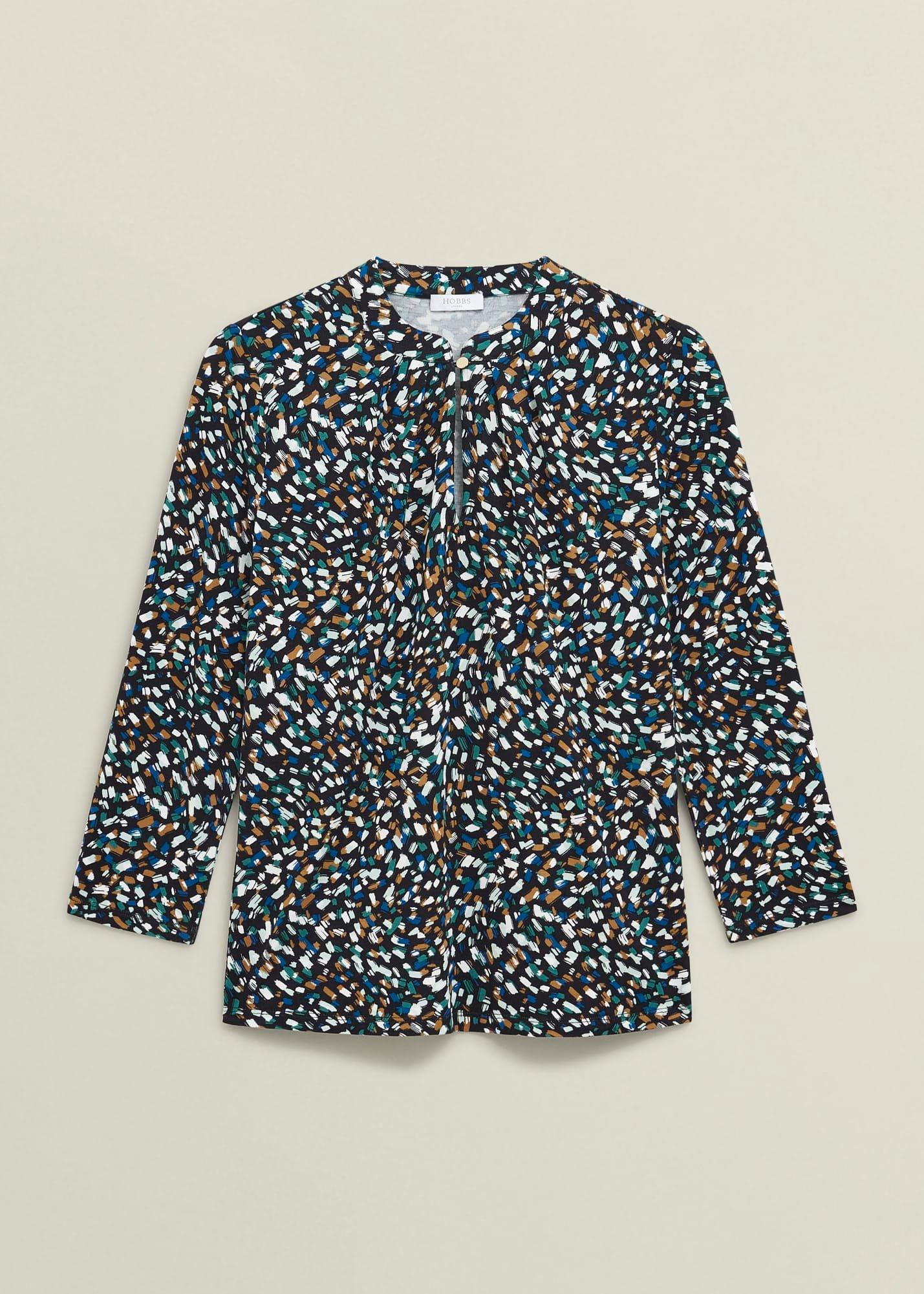 Navy Margot Printed Button Key Hole 3/4 Sleeve Top, Blue Multi, hi-res