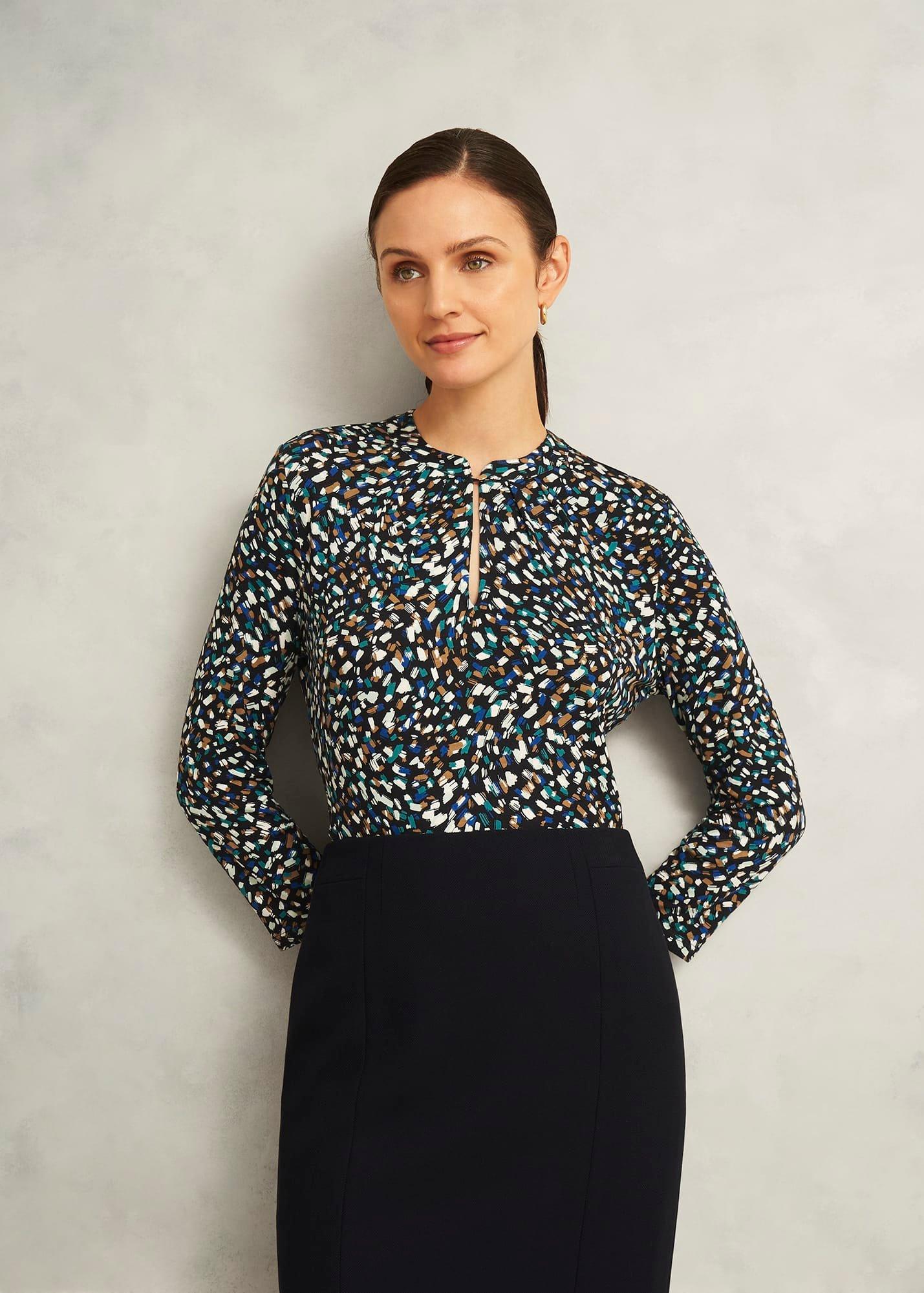 Navy Margot Printed Button Key Hole 3/4 Sleeve Top